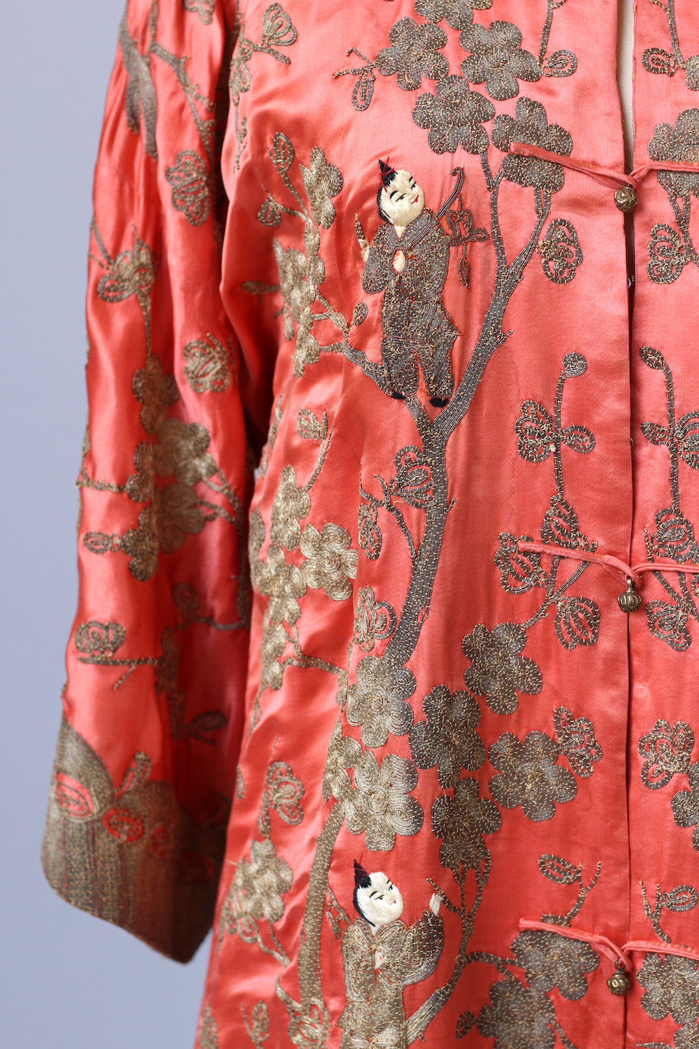 1920s Heavily Embroidered Coral Satin Metallic Chinese Robe