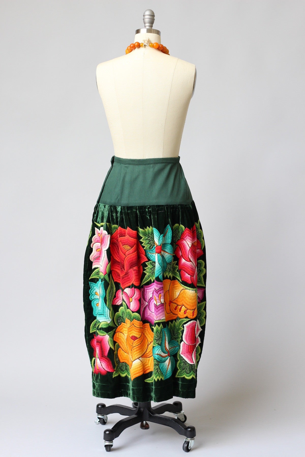 Vintage Tehuantepec Mexico Embroidered Skirt with New Waistband Green