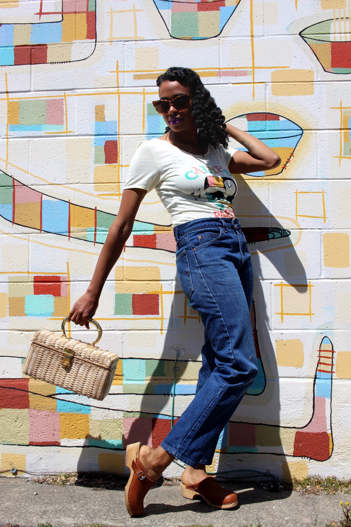 Vintage Bamboo Gold Top Handle Straw Box Bag