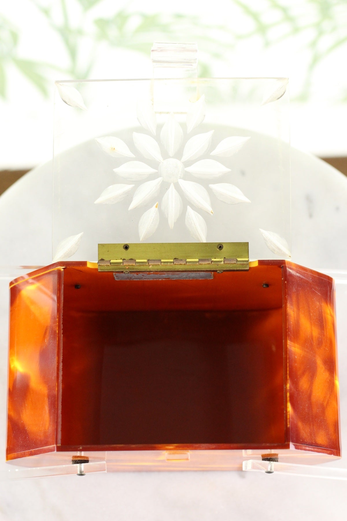 Stunning Rare Hand Carved Tortoise Shell and Clear Lucite 1950s Purse