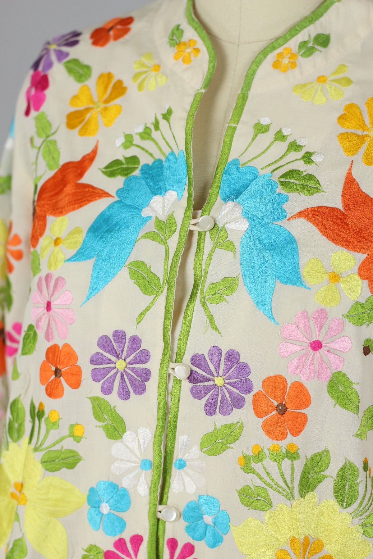 Bright Florals 1960s Embroidered Asian Style Blouse