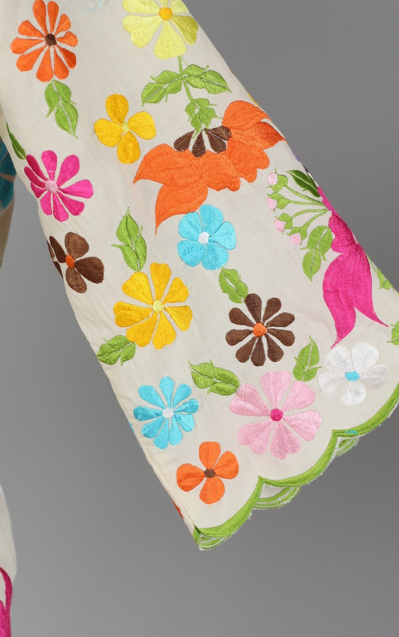 Bright Florals 1960s Embroidered Asian Style Blouse