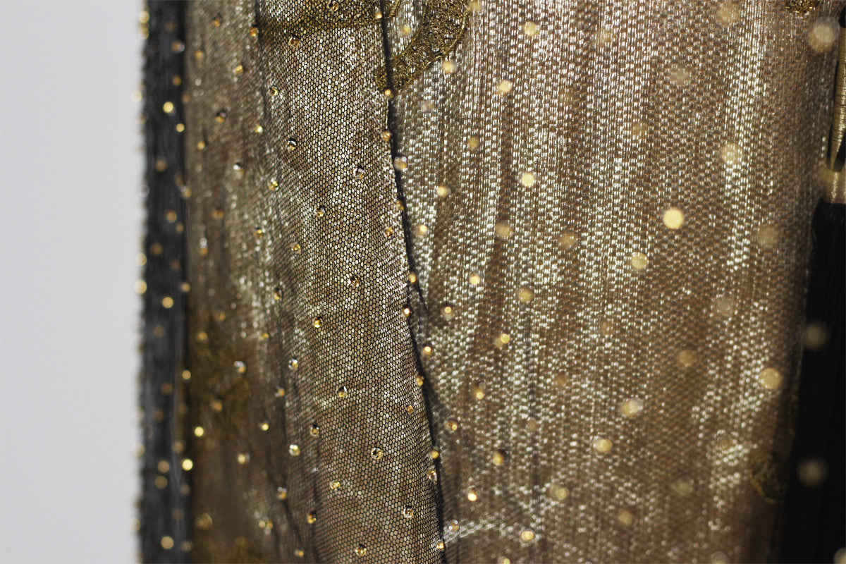 RARE 1920s Incredible Gold Silk Lamé Asian Evening Gown with Silk Net Shawl