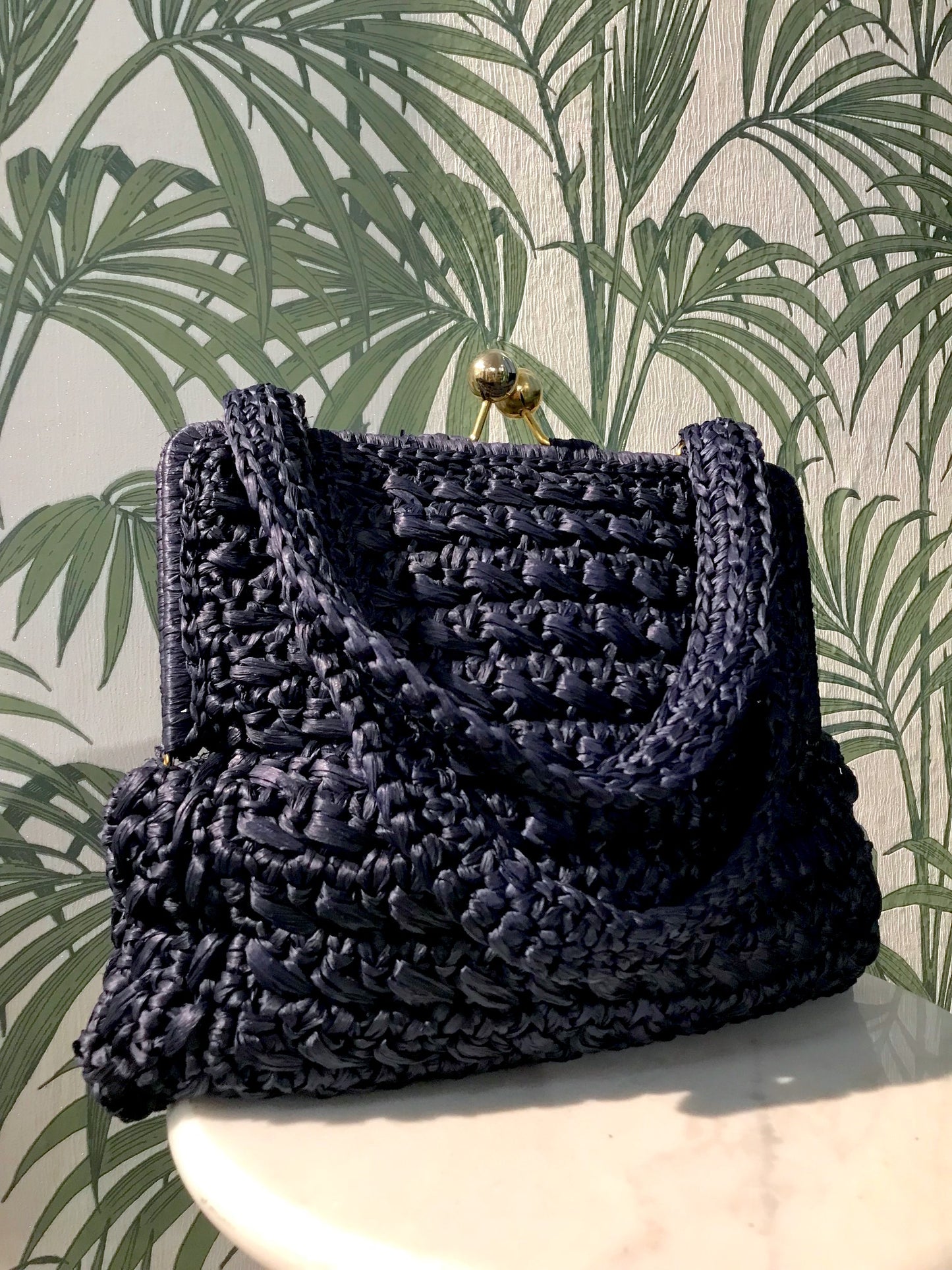 Vintage 1960s-70s Navy Straw Bag with Gold Ball Clasp
