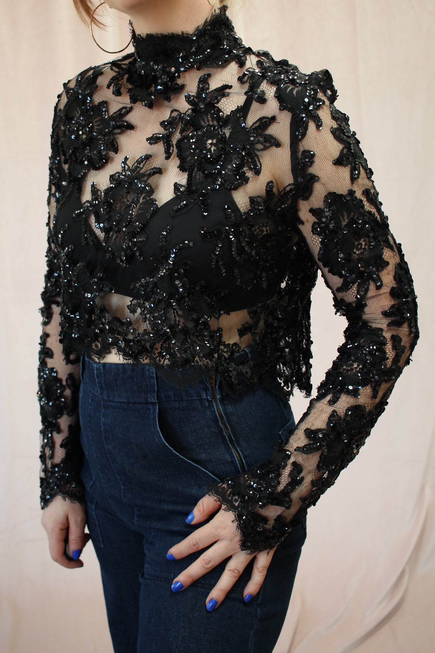 Rare Patrick Kelly Vintage Chantilly Lace Sequin Blouse
