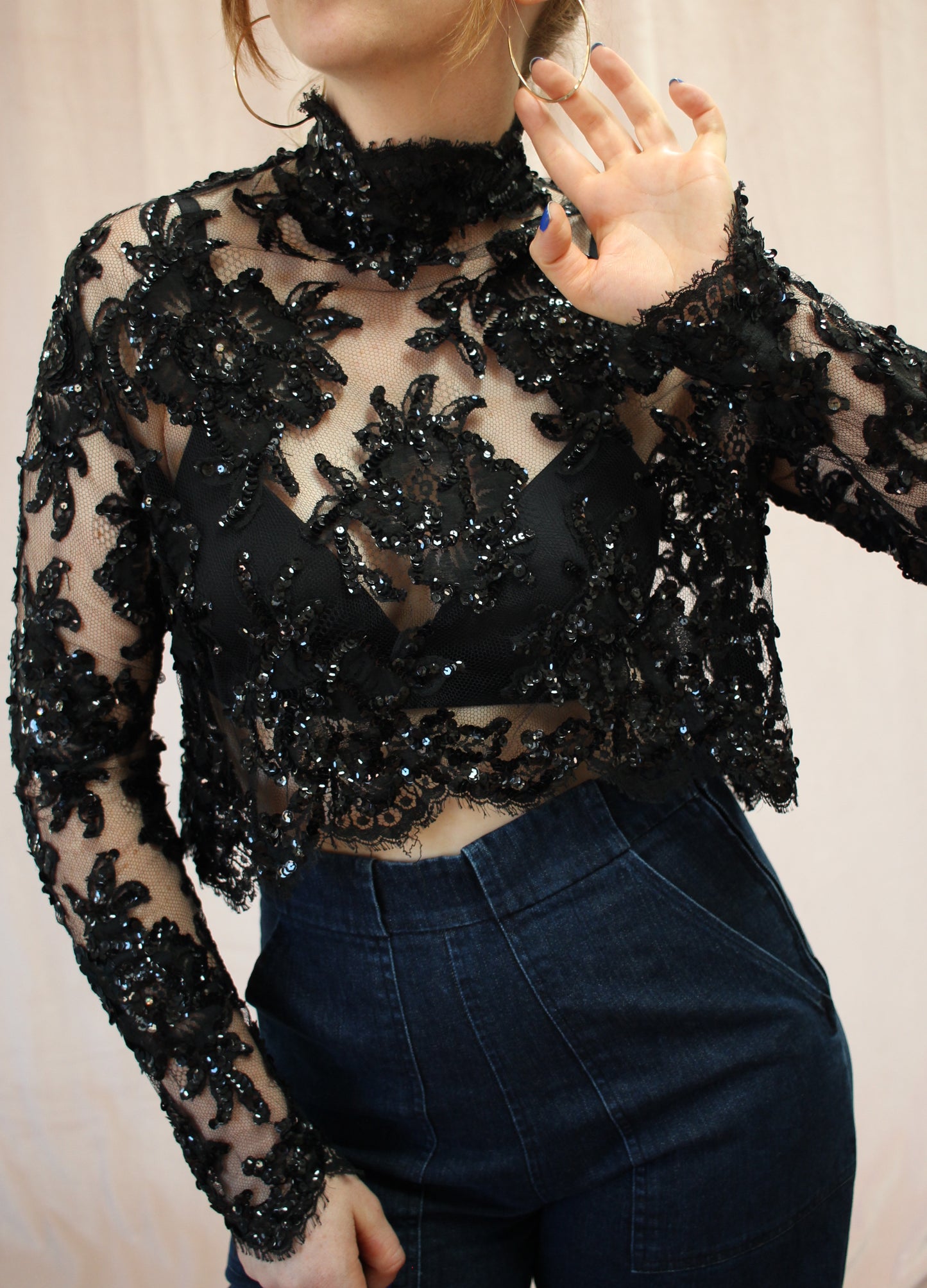 Rare Patrick Kelly Vintage Chantilly Lace Sequin Blouse
