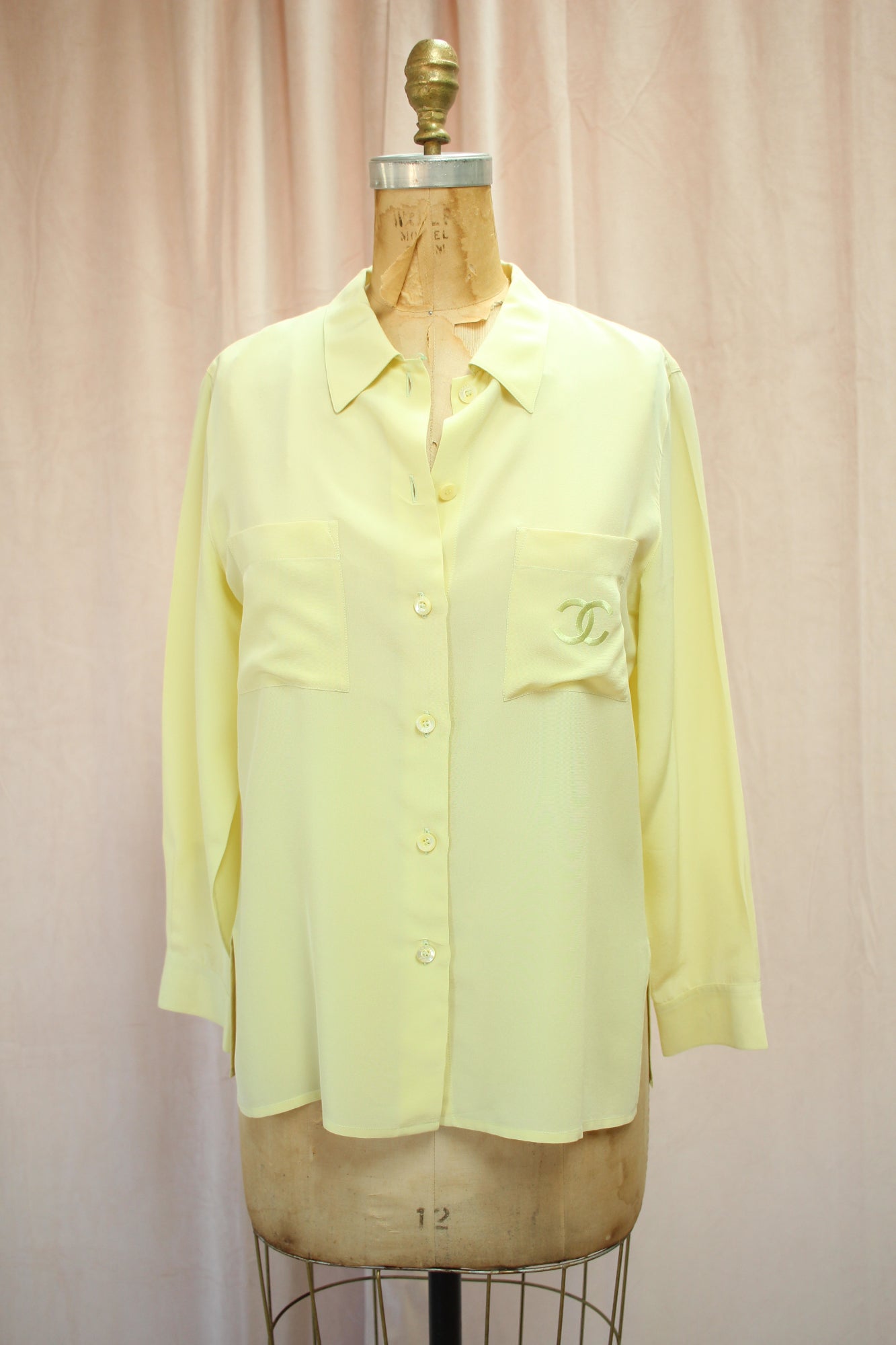 Chanel CC Logo Vintage Chartreuse Silk Blouse