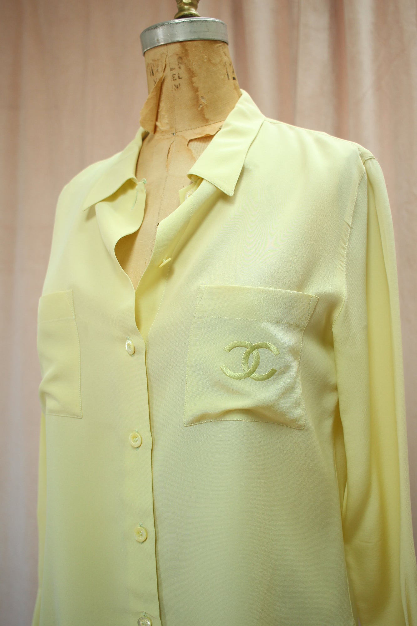 Chanel CC Logo Vintage Chartreuse Silk Blouse