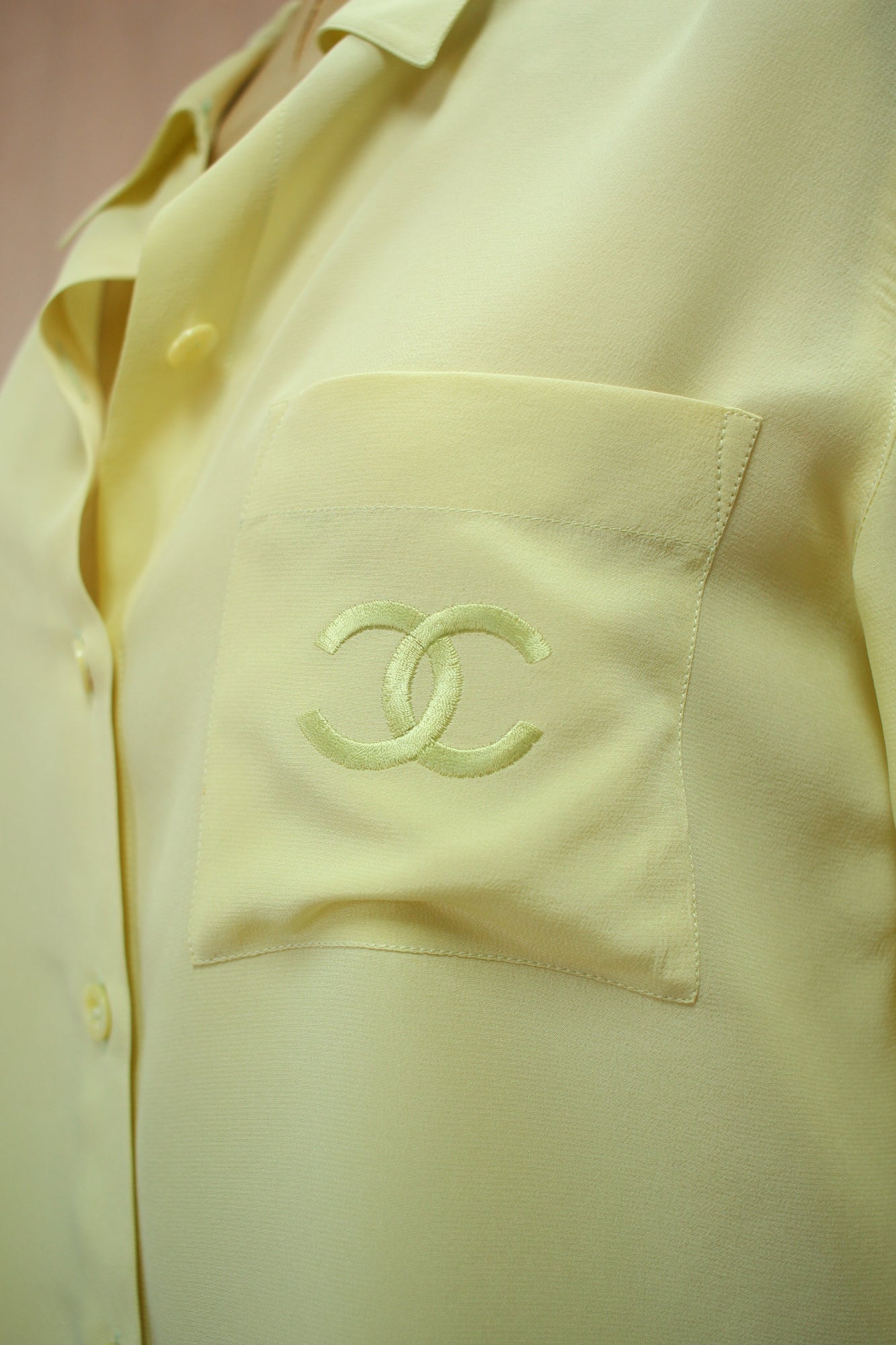 Chanel CC Logo Vintage Chartreuse Silk Blouse