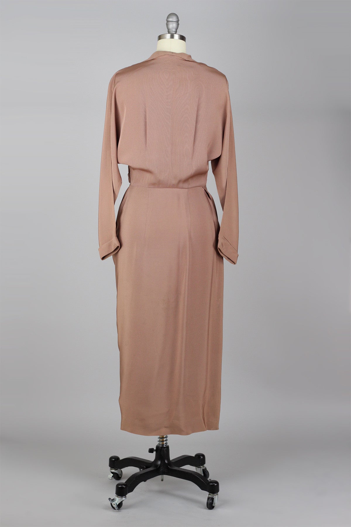 Exquisite 1940s to 1950s Rose Taupe Draped Rayon Crepe Cocktail Dress