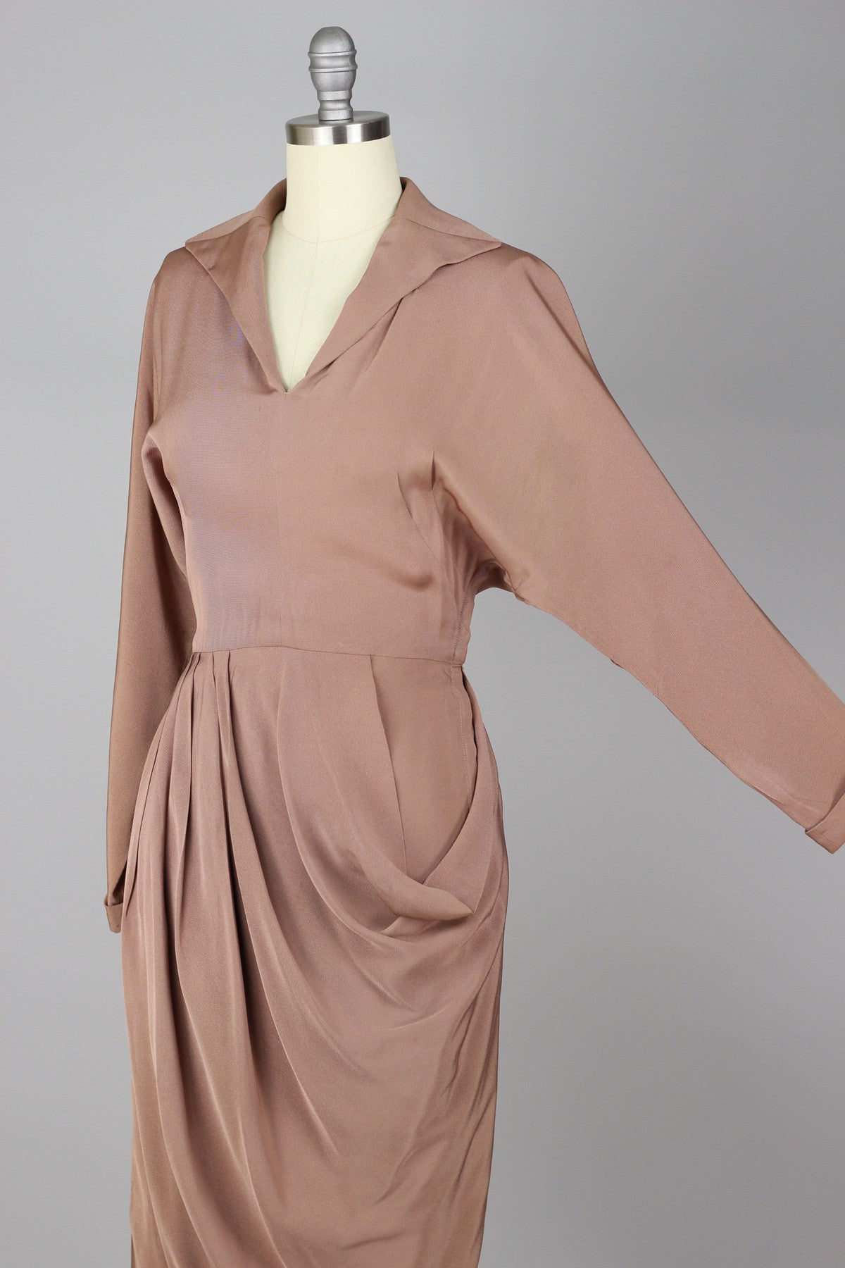 Exquisite 1940s to 1950s Rose Taupe Draped Rayon Crepe Cocktail Dress