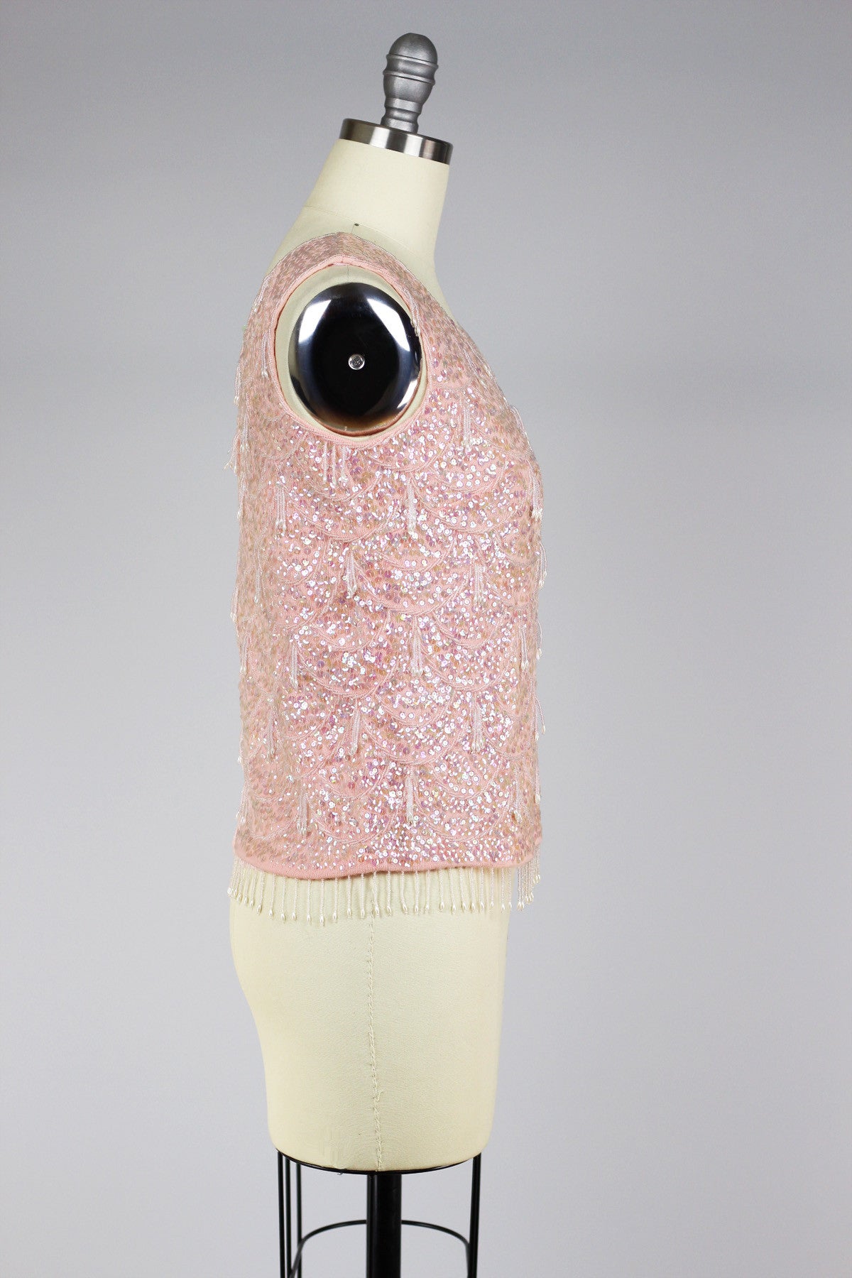 1960s Blush Pink Sequin Hand Beaded Top with Fringe