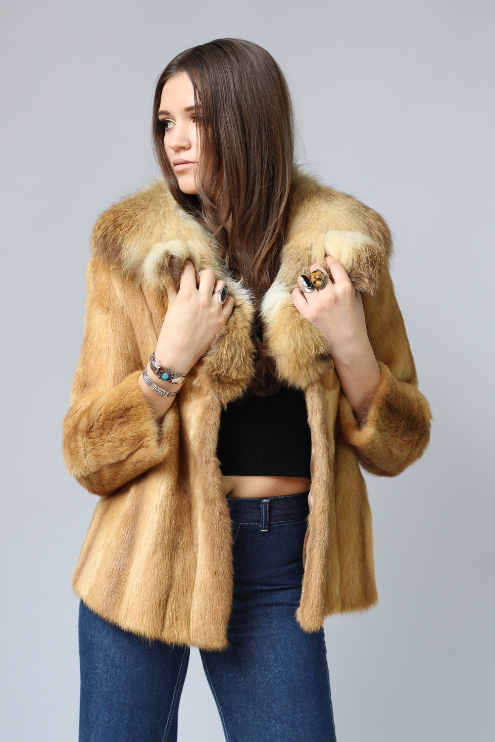 1970s Genuine Fox Fur Coat with Cropped Sleeves