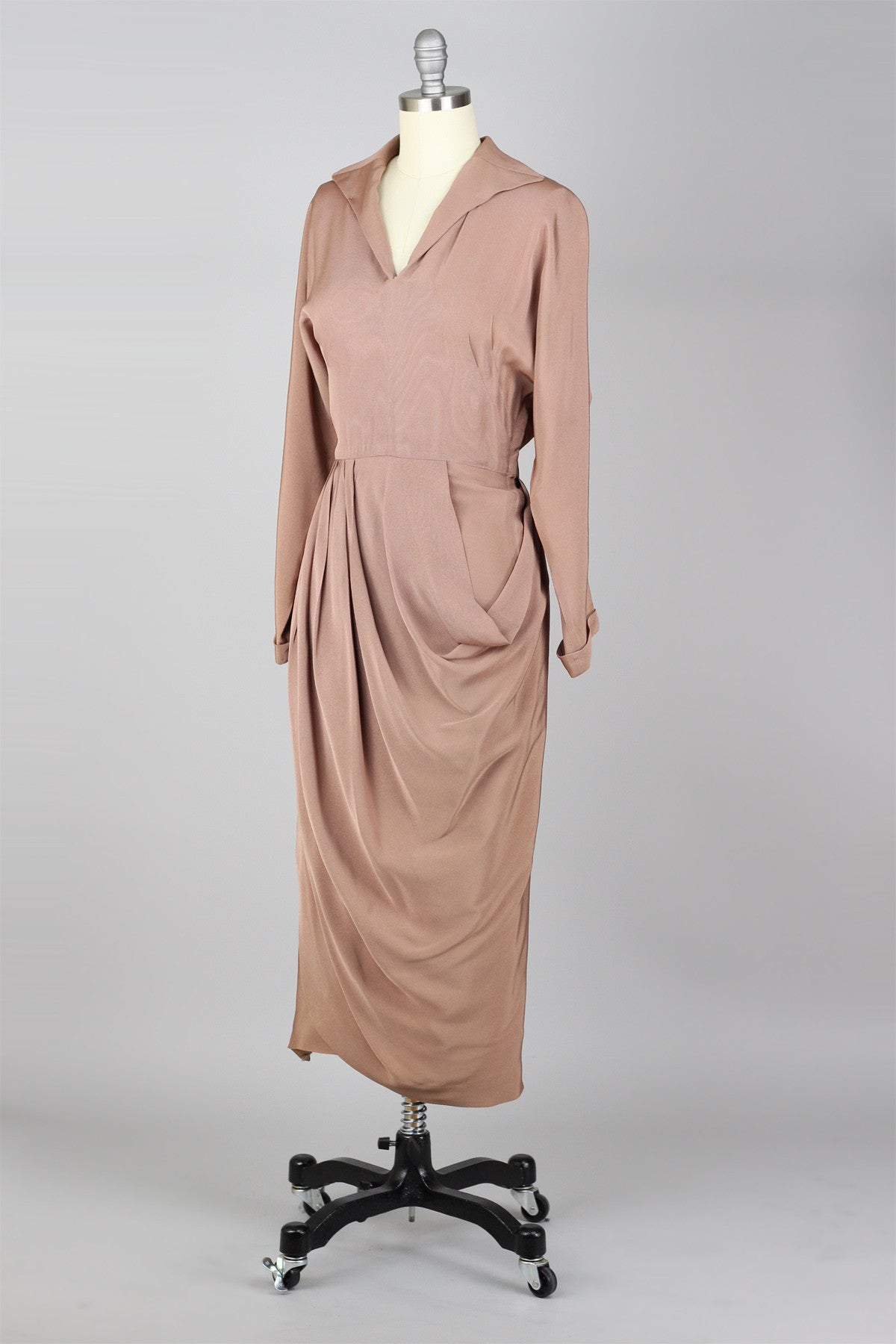 Exquisite 1940s to 1950s Rose Taupe Draped Rayon Crepe Cocktail Dress