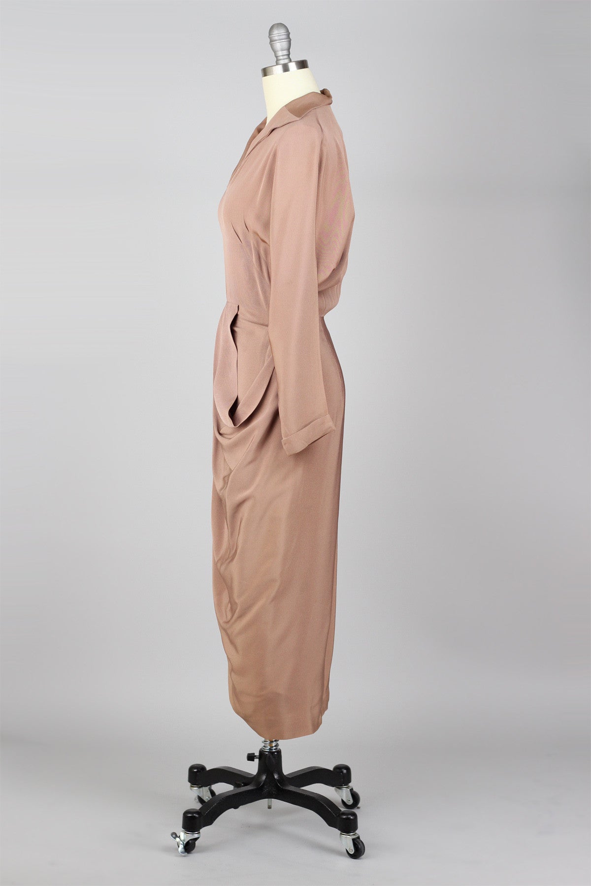 Exquisite 1940s to 1950s Rose Taupe Draped Rayon Crepe Cocktail Dress