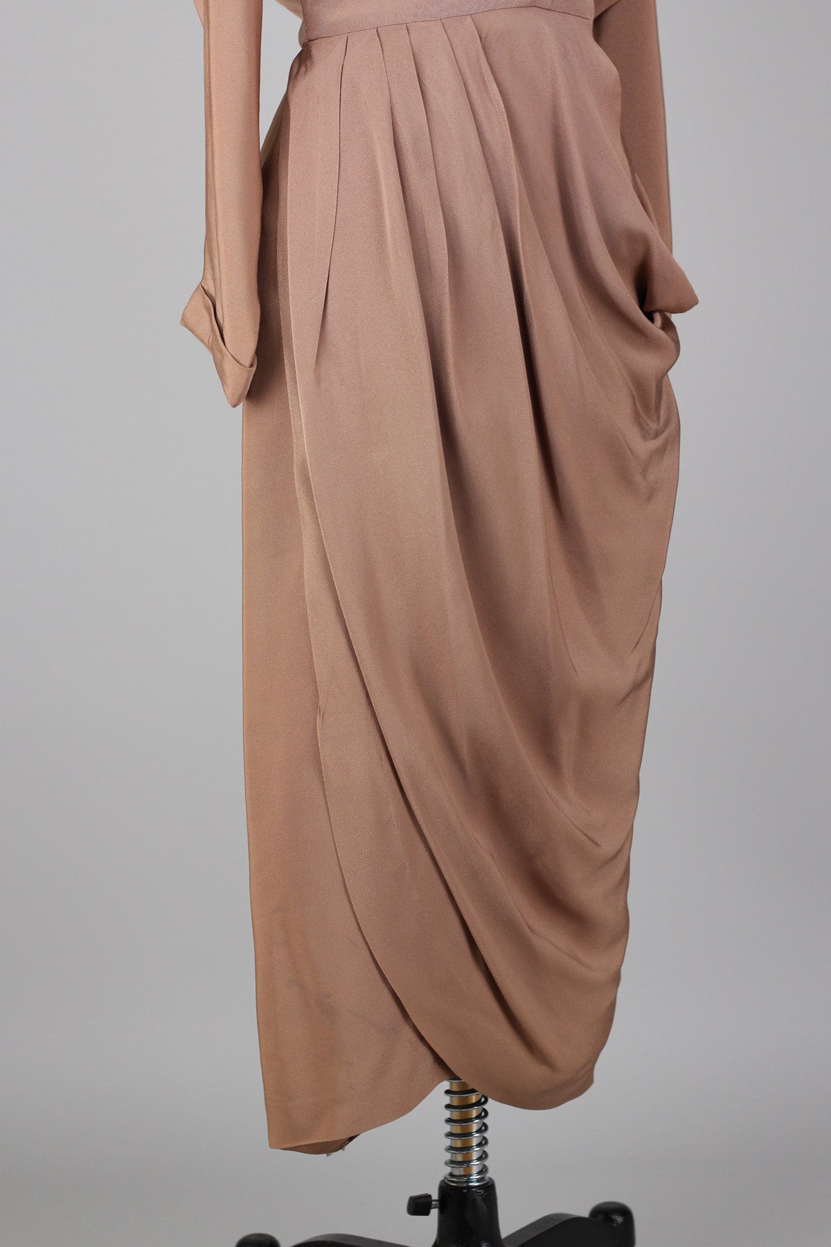 Exquisite 1940s to 1950s Rose Taupe Draped Rayon Crepe Cocktail Dress