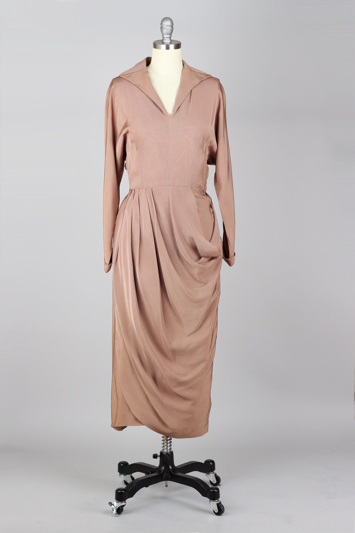Exquisite 1940s to 1950s Rose Taupe Draped Rayon Crepe Cocktail Dress