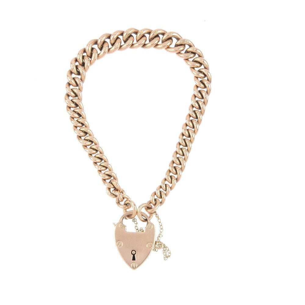 Victorian 9ct Rose Gold Heart Padlock Locket Bracelet Stamped 1889