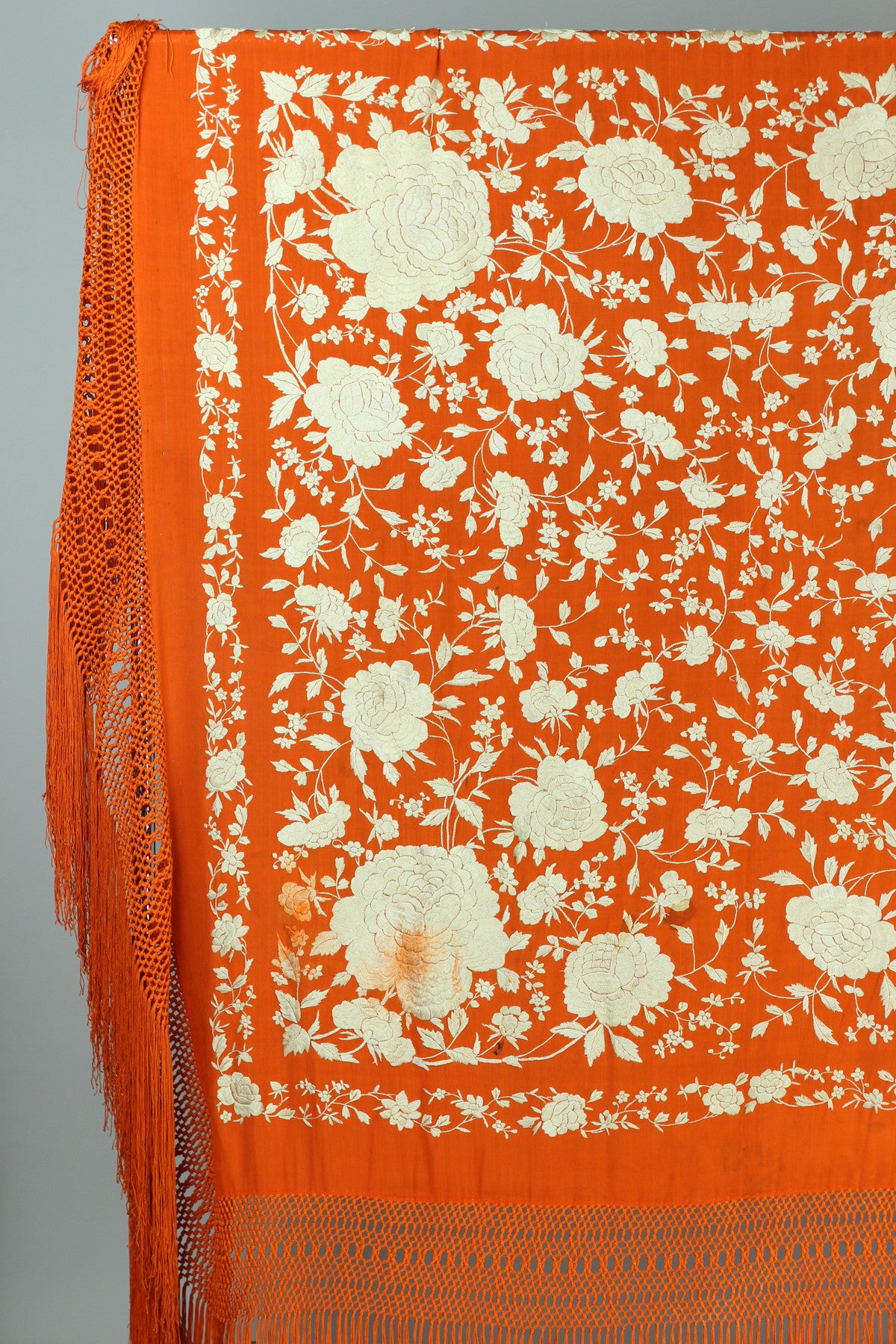 Unusual Late 19th Century Antique Orange Silk Piano Shawl of Hand Knotting