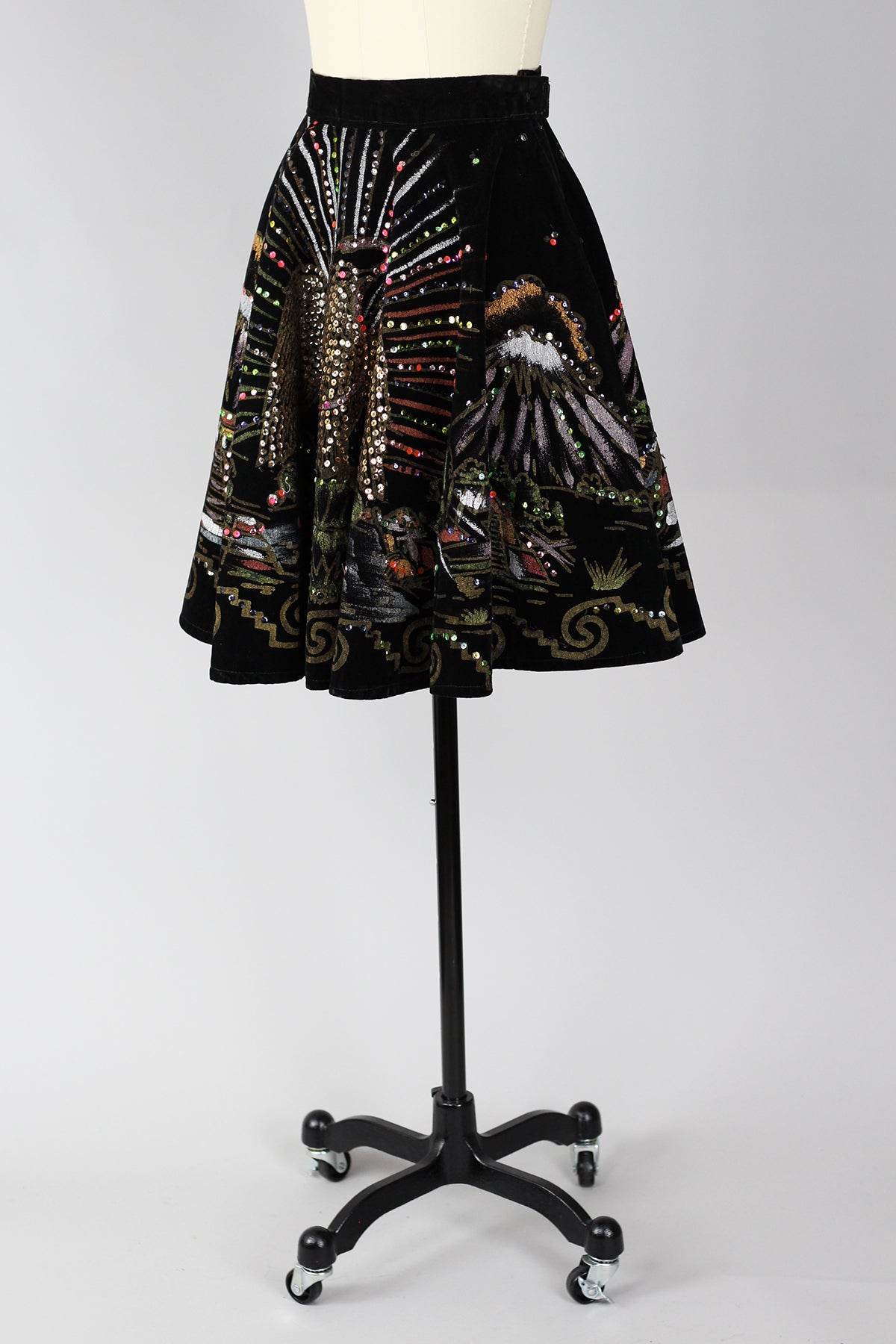 Vintage 1950s Hand Painted Velvet Mexican Circle Skirt with Sequins