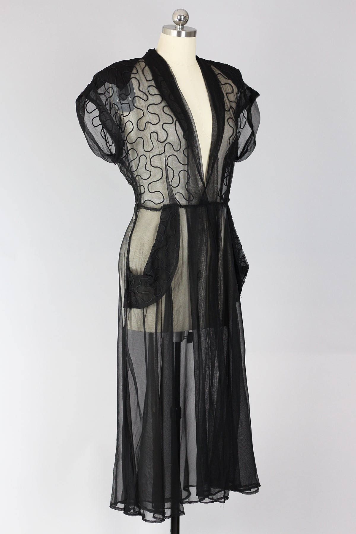Rare 1940s Black Sheer Tulle Dress with Soutache Detail