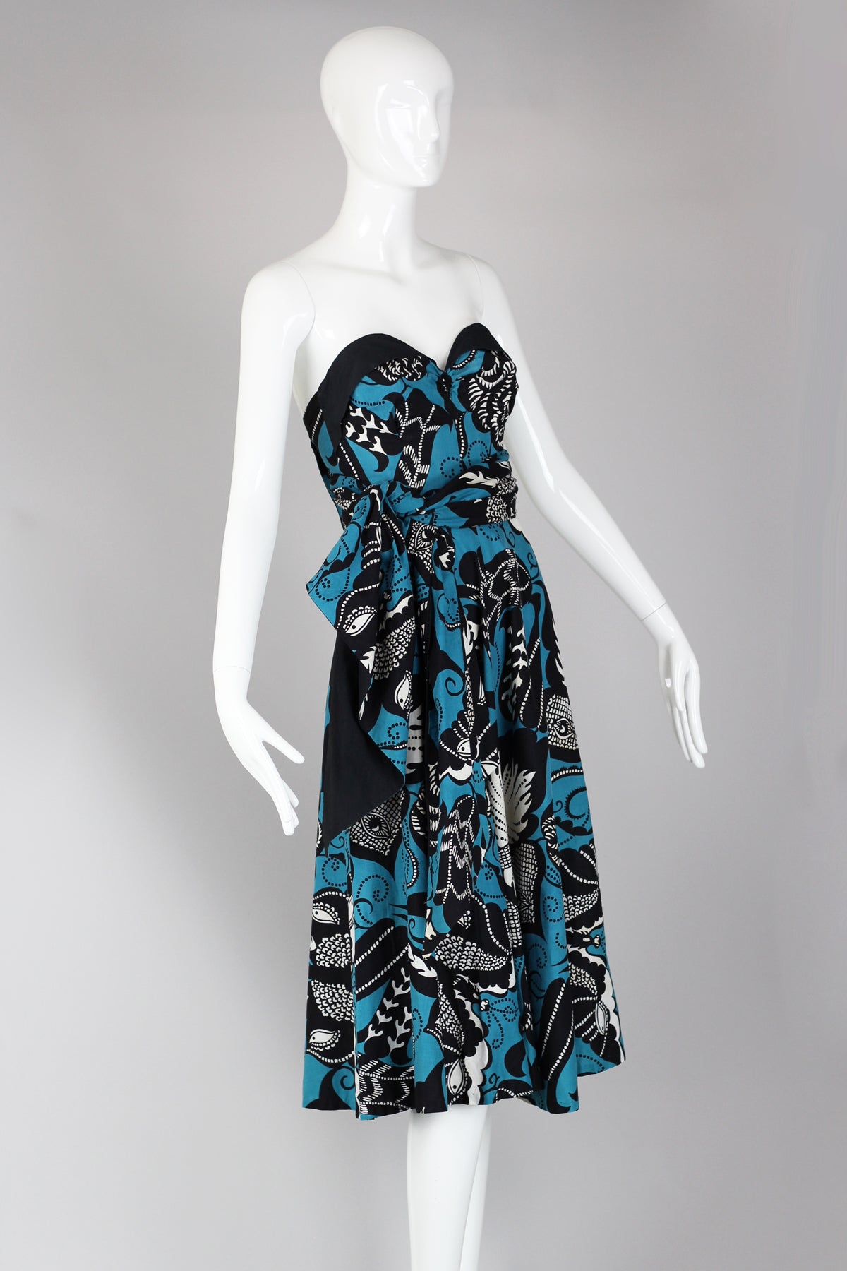Rare 1940s Batik Print Strapless Hawaiian Summer Dress