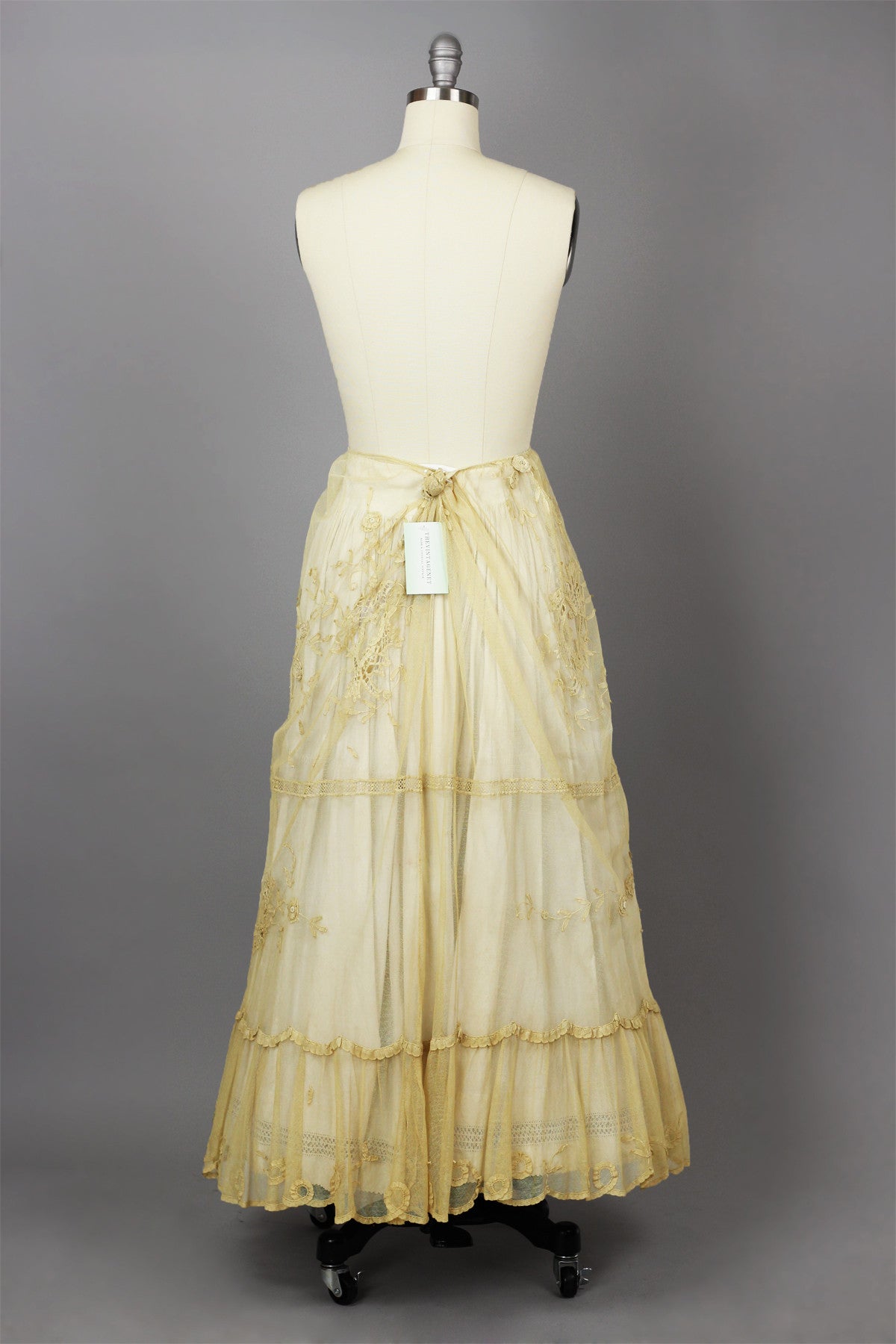 Tea-Dyed Antique Tulle Skirt with French Tambour Embroidery by Bonnie Strauss