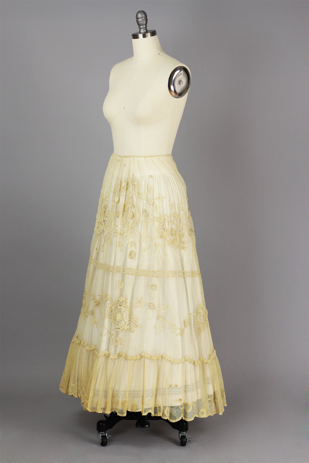 Tea-Dyed Antique Tulle Skirt with French Tambour Embroidery by Bonnie Strauss