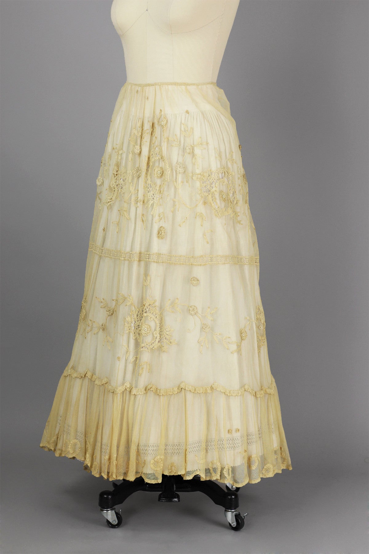 Tea-Dyed Antique Tulle Skirt with French Tambour Embroidery by Bonnie Strauss