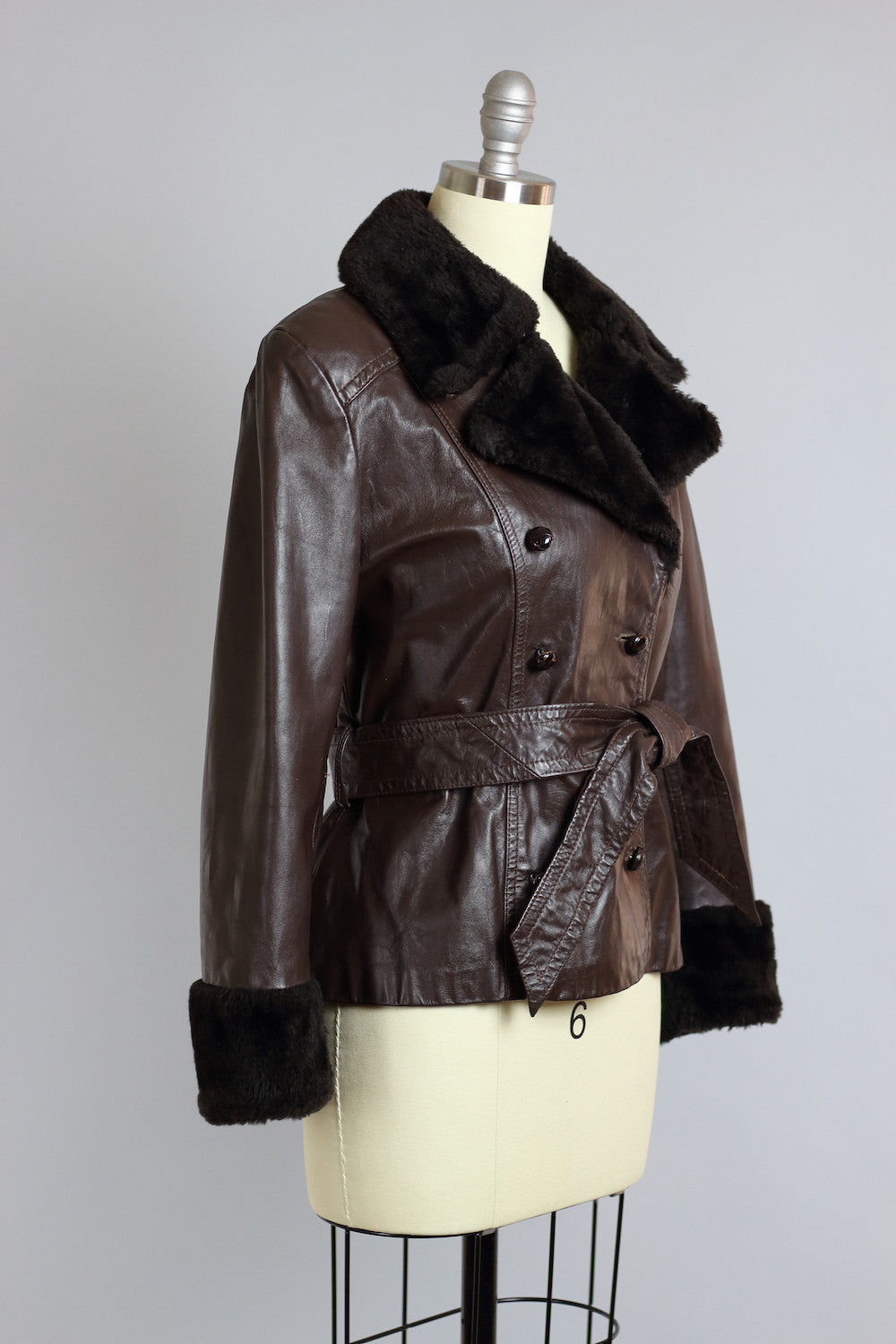 1960s Brown Leather Moto Jacket with Fur Collar