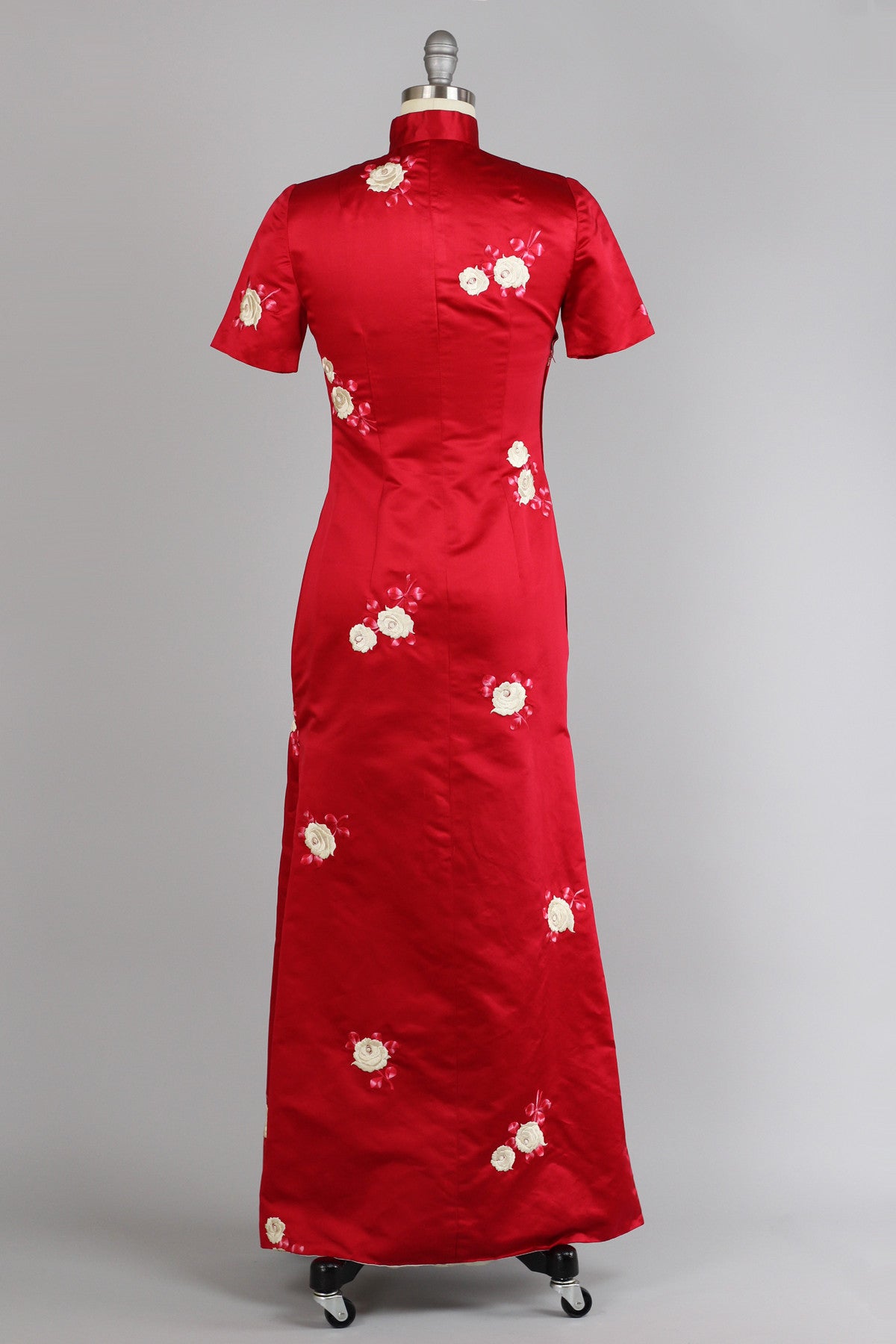 Rare 1960s Vintage Red Satin Full Length Cheongsam with Embroidered Roses