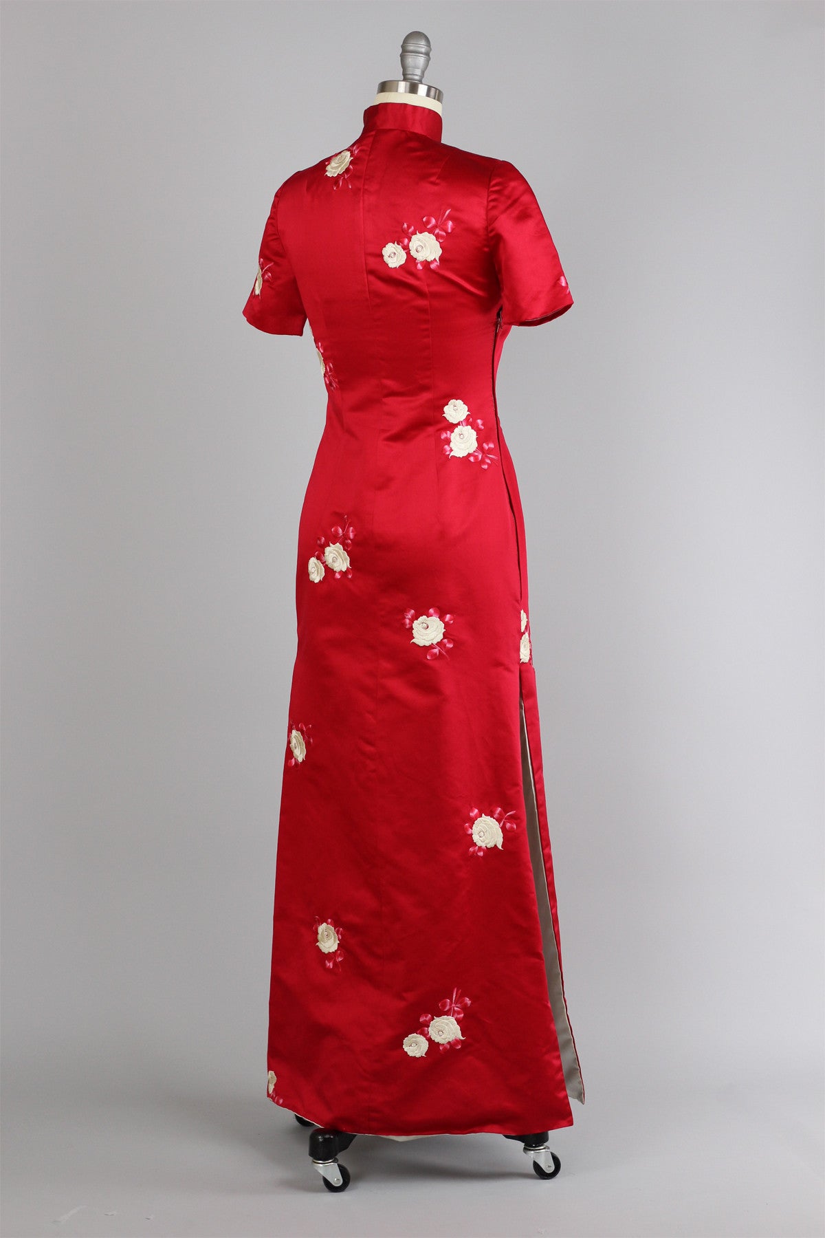 Rare 1960s Vintage Red Satin Full Length Cheongsam with Embroidered Roses
