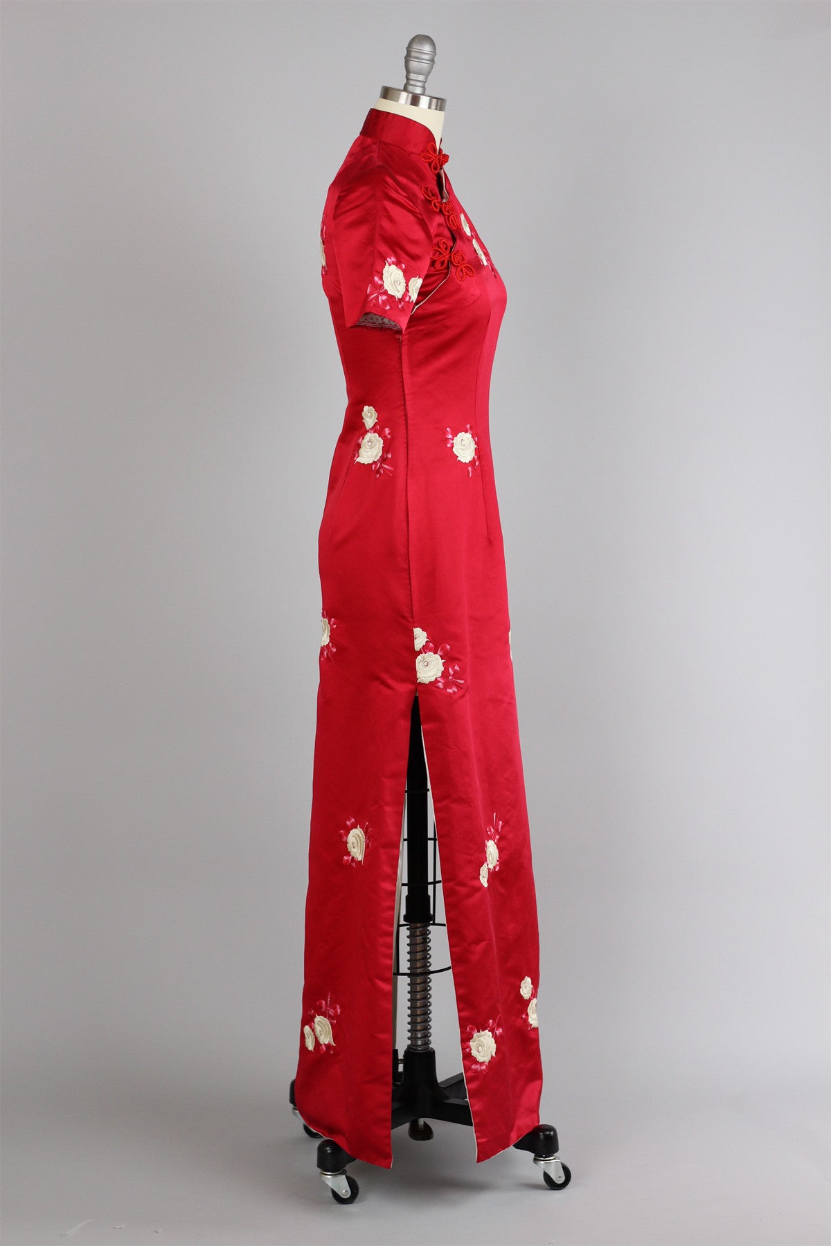 Rare 1960s Vintage Red Satin Full Length Cheongsam with Embroidered Roses