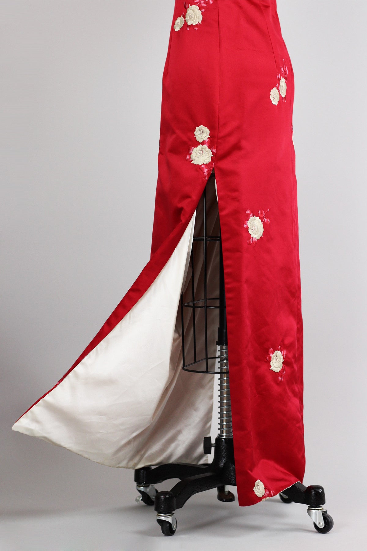 Rare 1960s Vintage Red Satin Full Length Cheongsam with Embroidered Roses