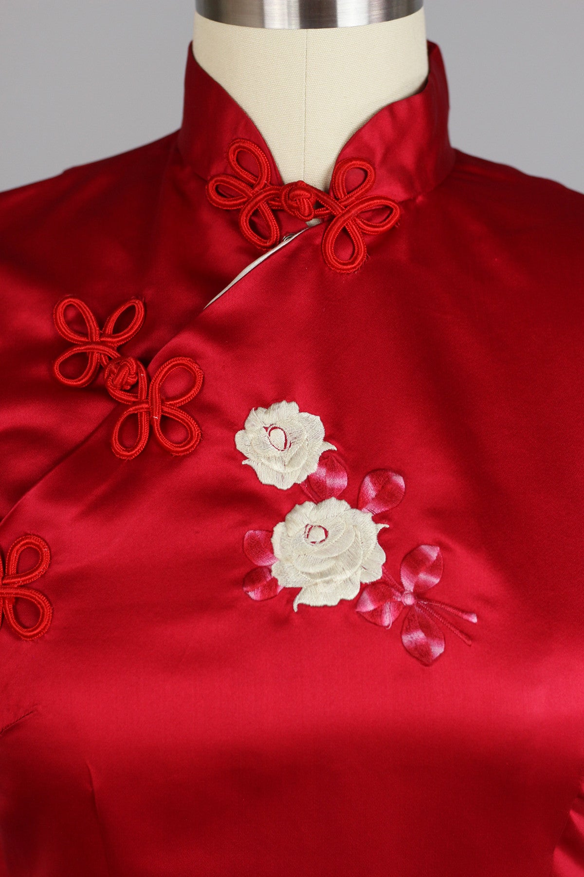 Rare 1960s Vintage Red Satin Full Length Cheongsam with Embroidered Roses