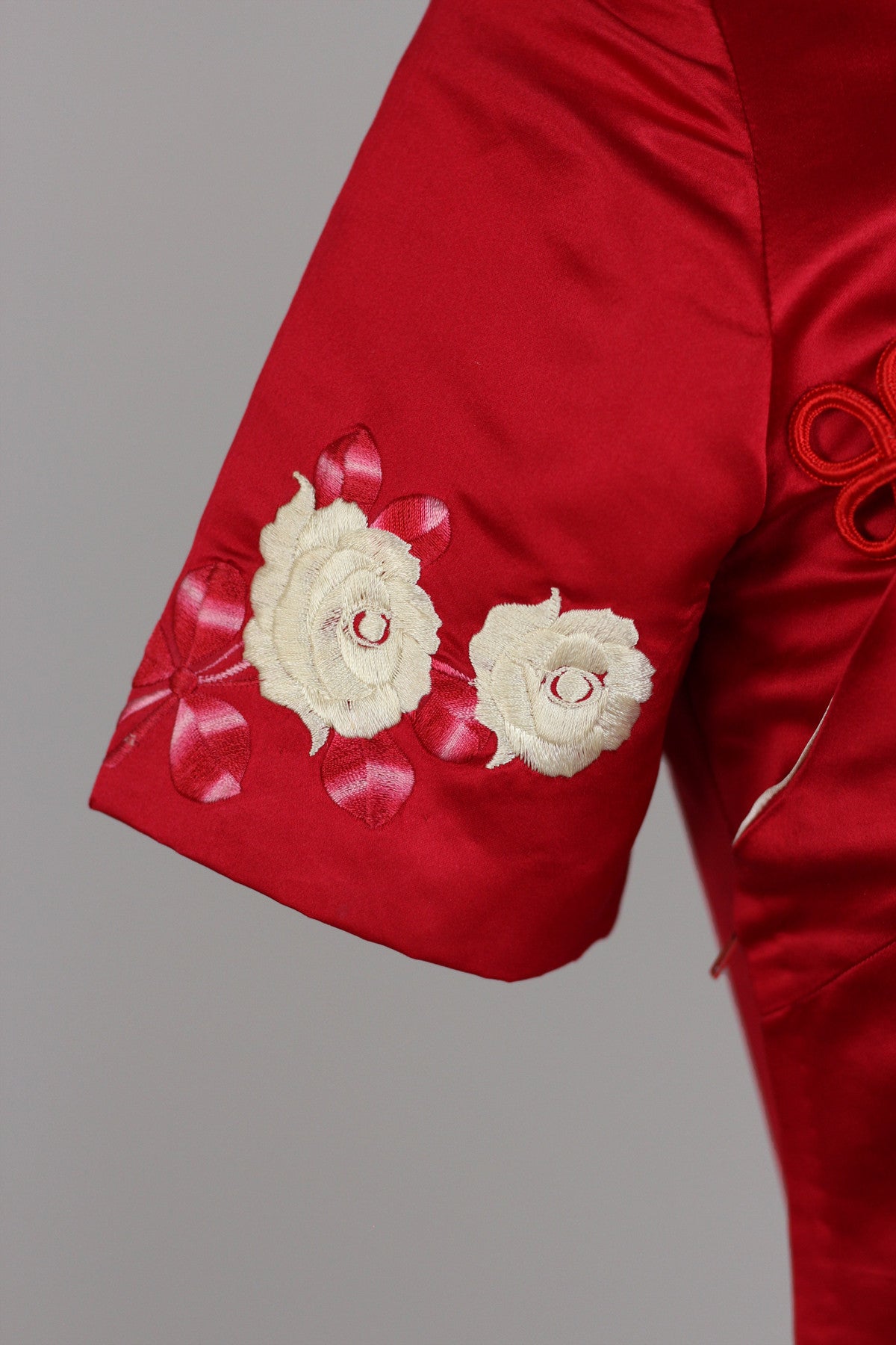 Rare 1960s Vintage Red Satin Full Length Cheongsam with Embroidered Roses