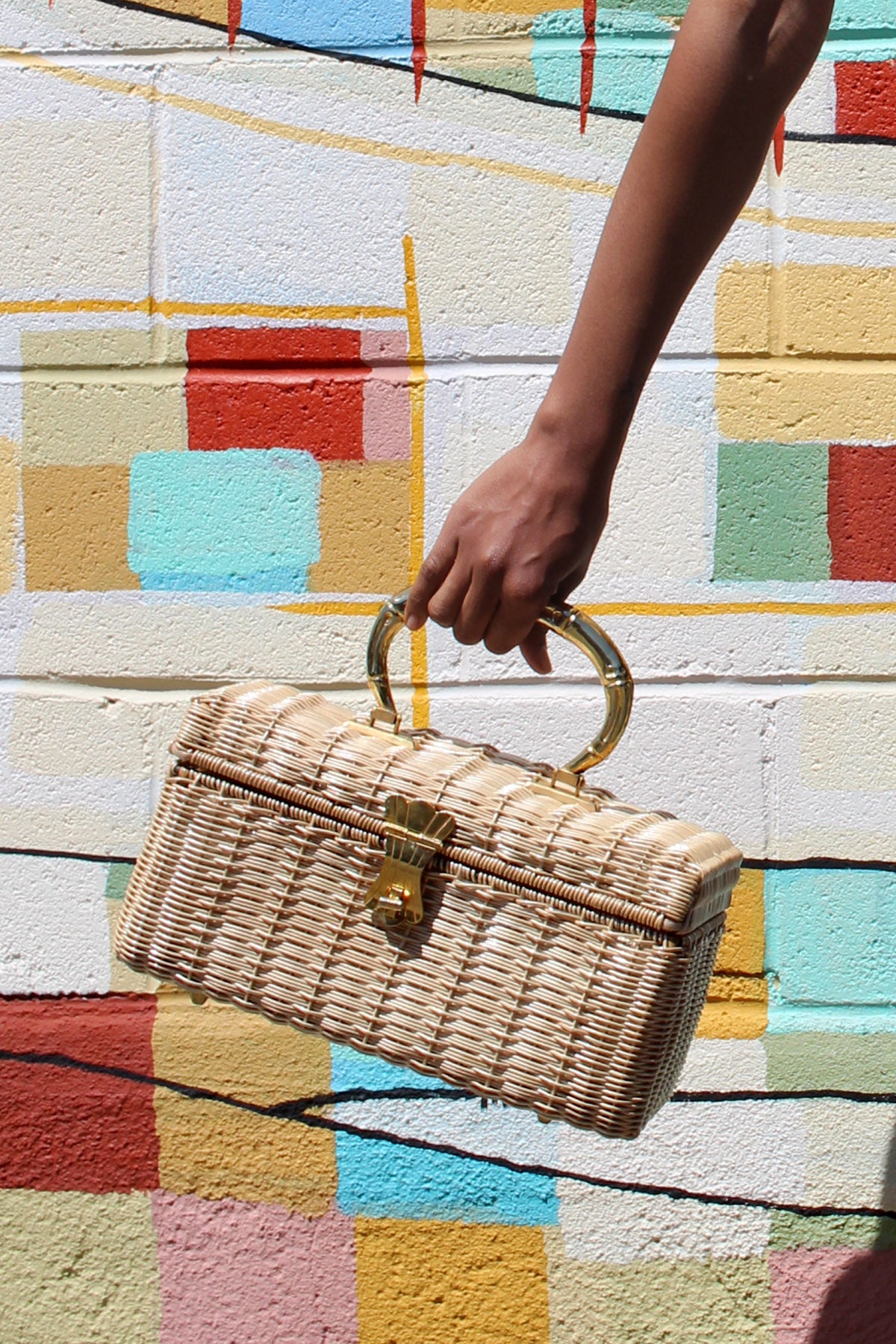 Vintage Bamboo Gold Top Handle Straw Box Bag