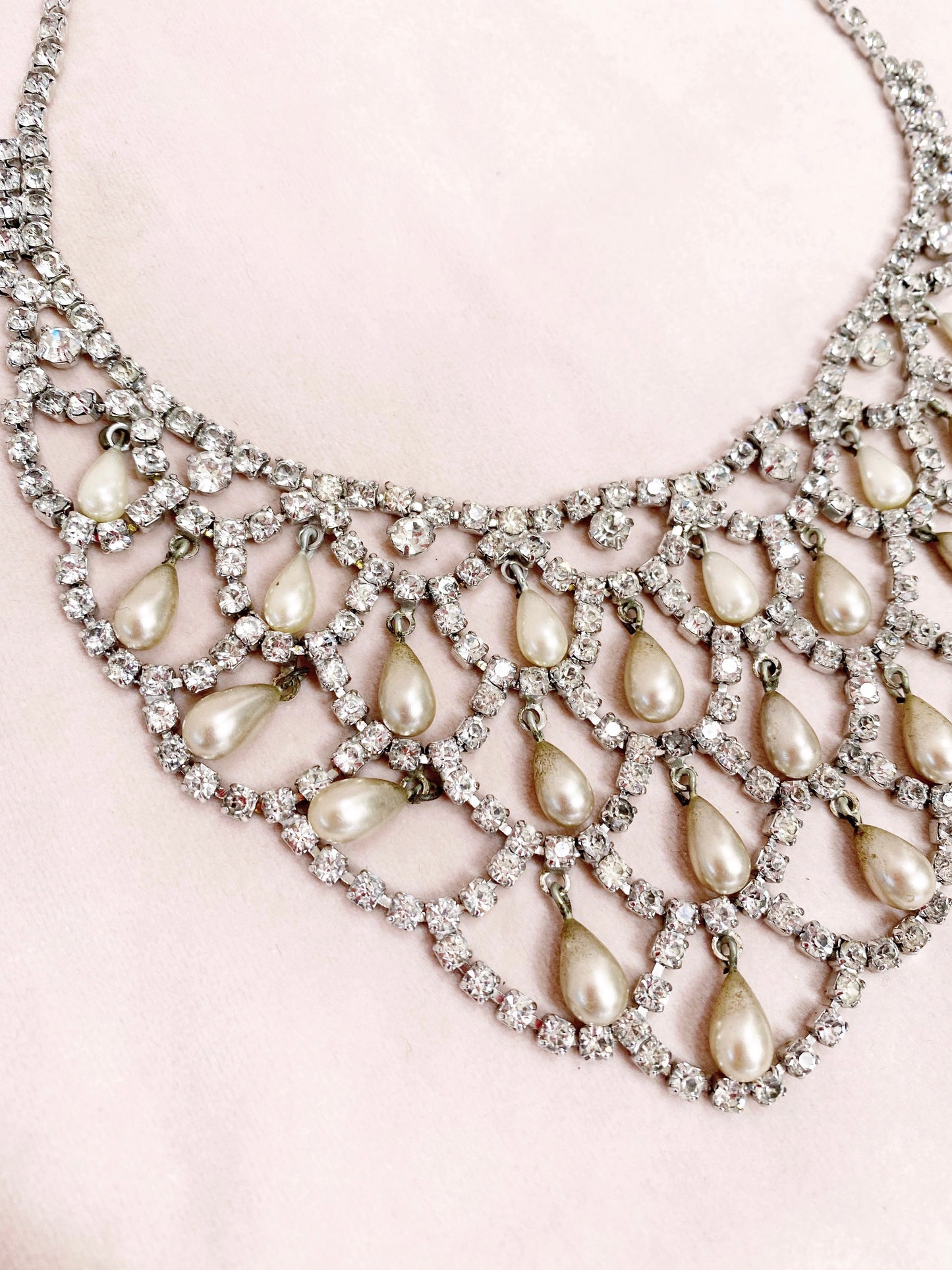 1950s Waterfall Rhinestone & Pearl Necklace
