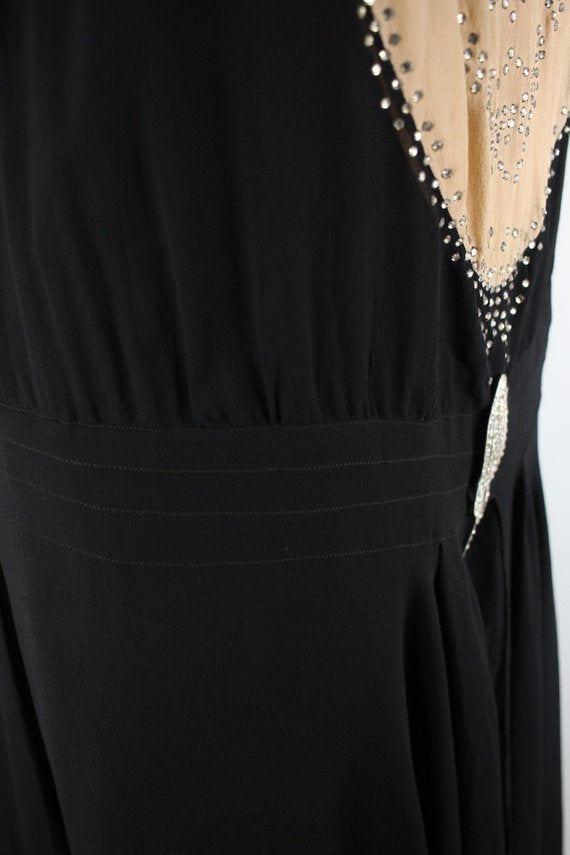 Stunning Original 1920s Silk Chiffon Flapper Dress with Bow Rhinestone Detail