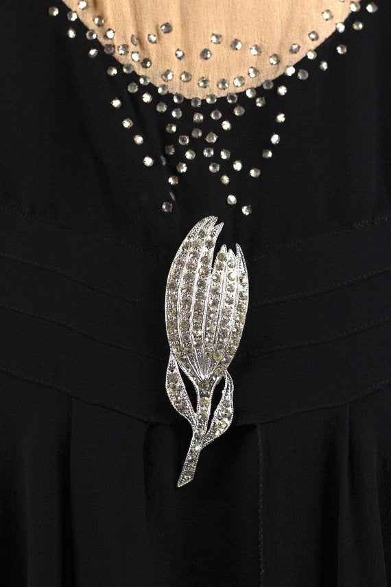Stunning Original 1920s Silk Chiffon Flapper Dress with Bow Rhinestone Detail