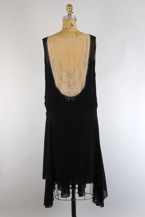 Stunning Original 1920s Silk Chiffon Flapper Dress with Bow Rhinestone Detail