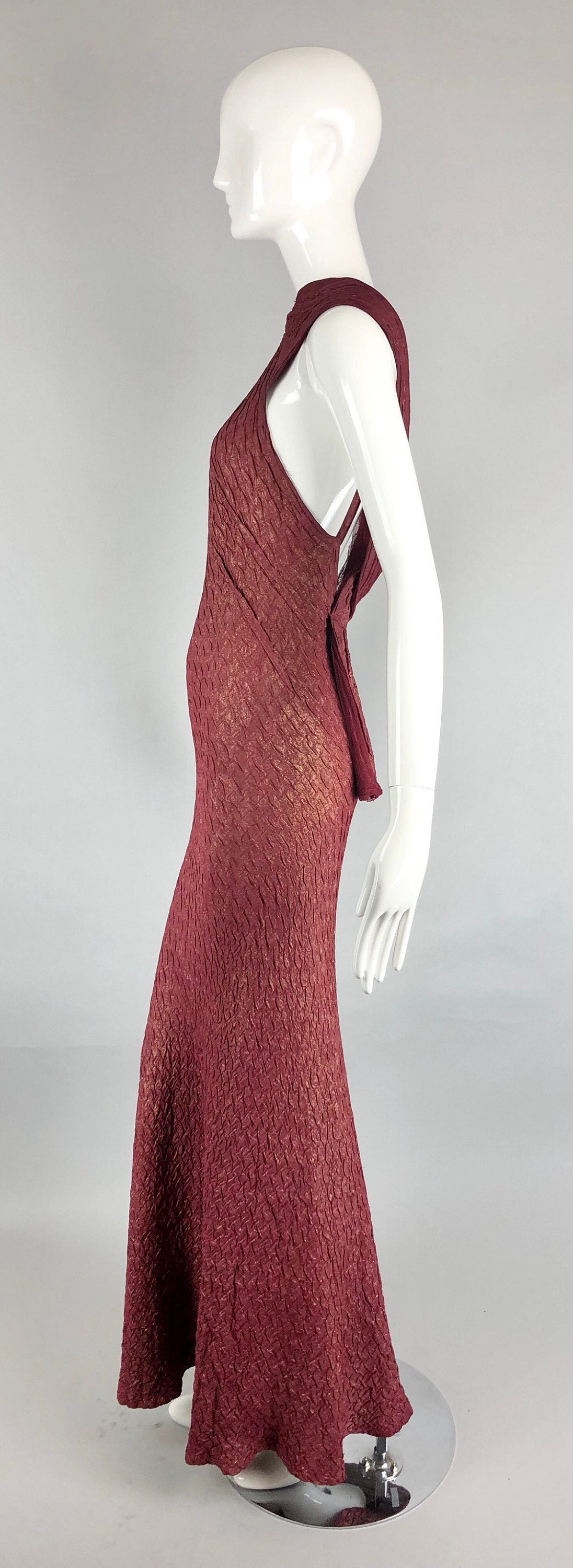 Rare! 1930s Bias Cut Plum and Gold Lamé Old Hollywood Gown with Low Back and Buttons