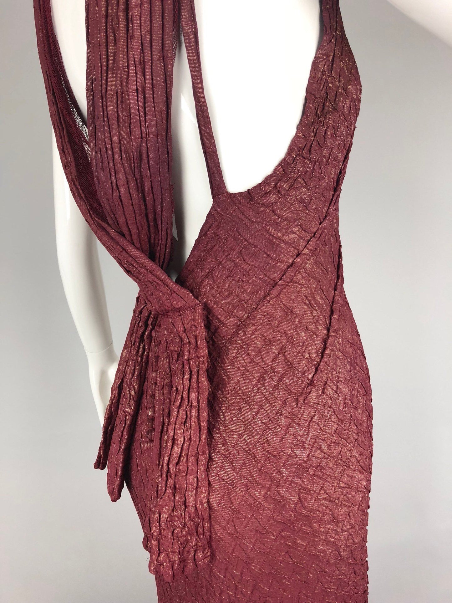 Rare! 1930s Bias Cut Plum and Gold Lamé Old Hollywood Gown with Low Back and Buttons