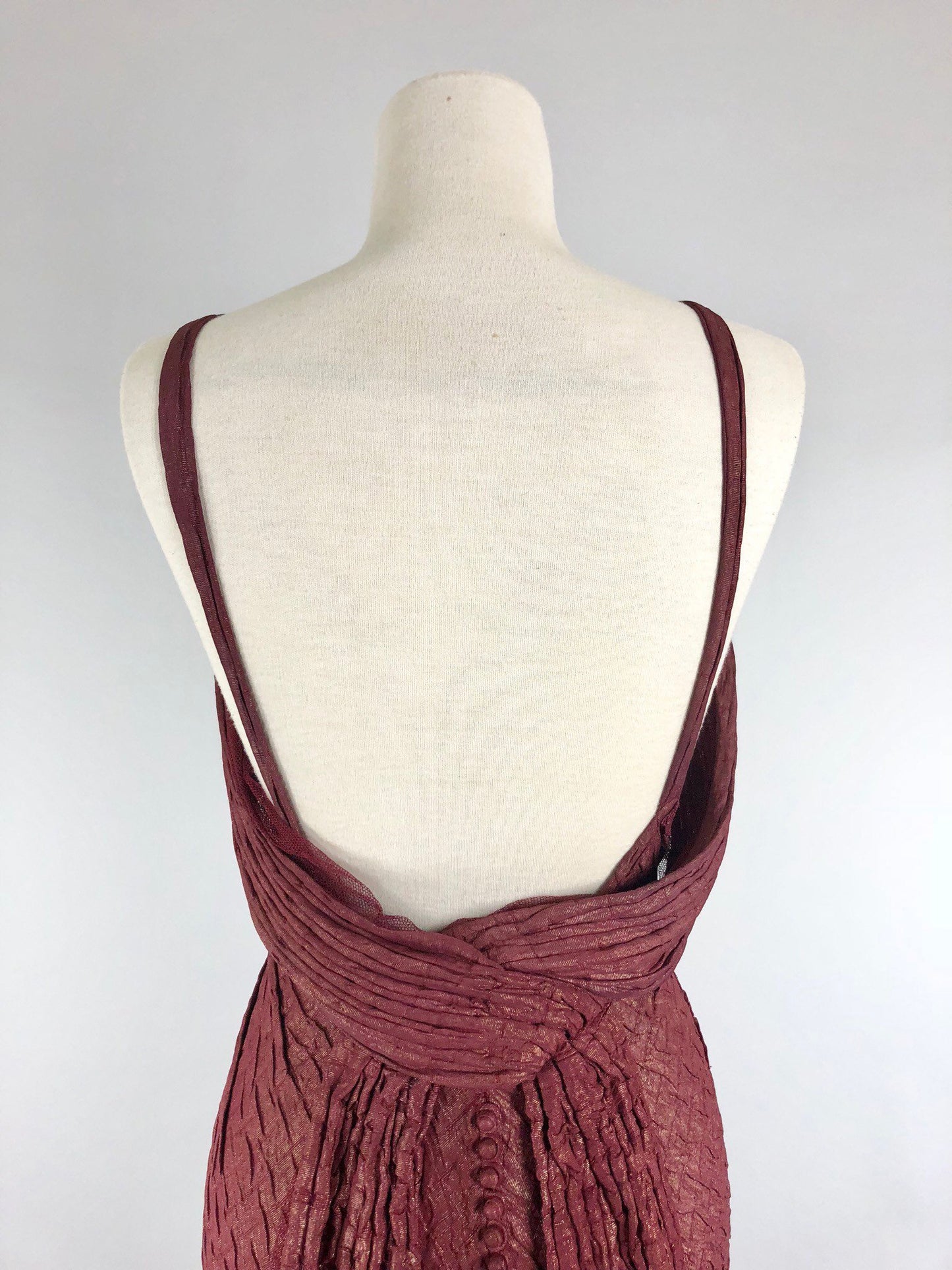 Rare! 1930s Bias Cut Plum and Gold Lamé Old Hollywood Gown with Low Back and Buttons