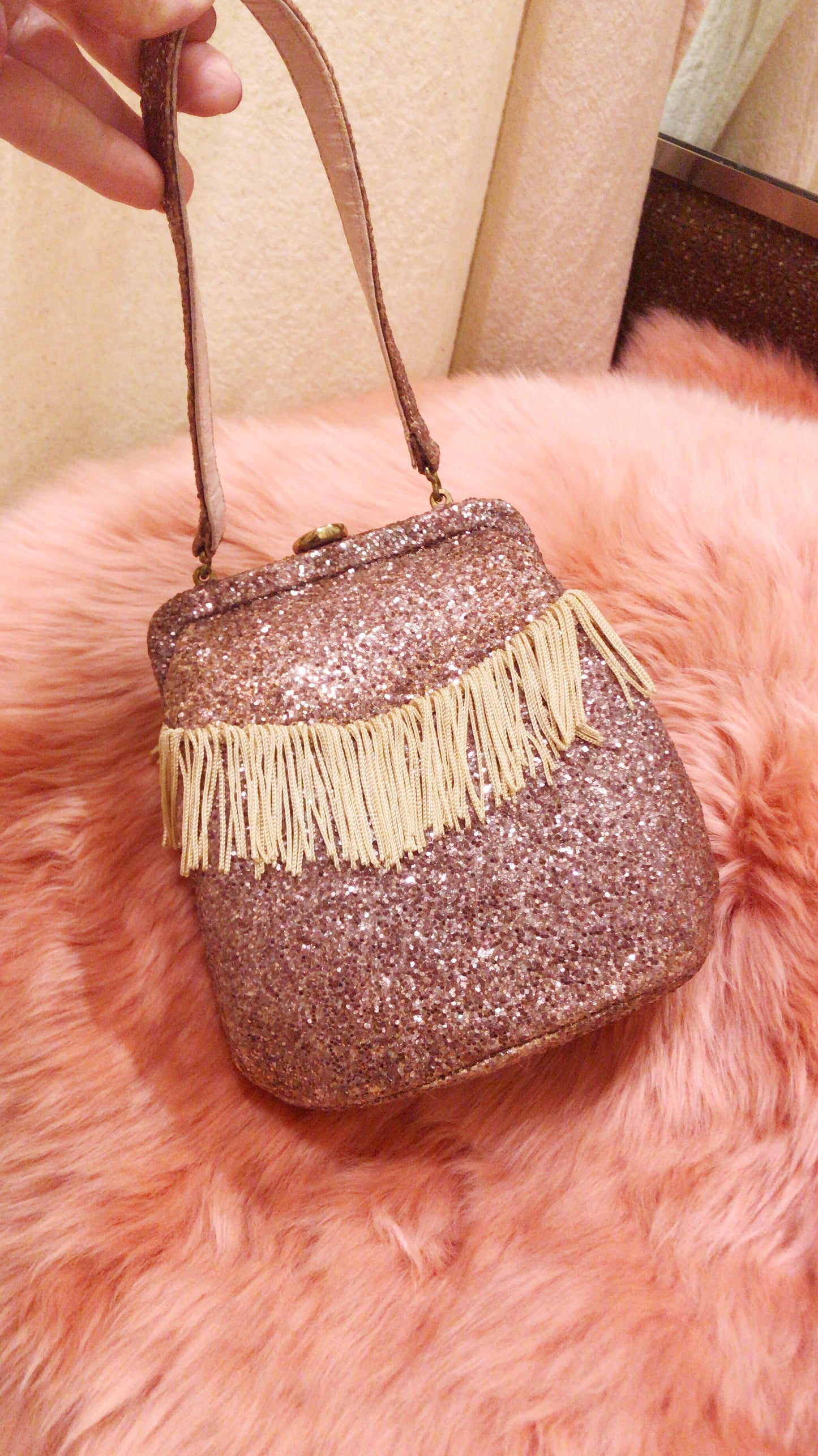 1940s Pink Glitter Fringe Bag