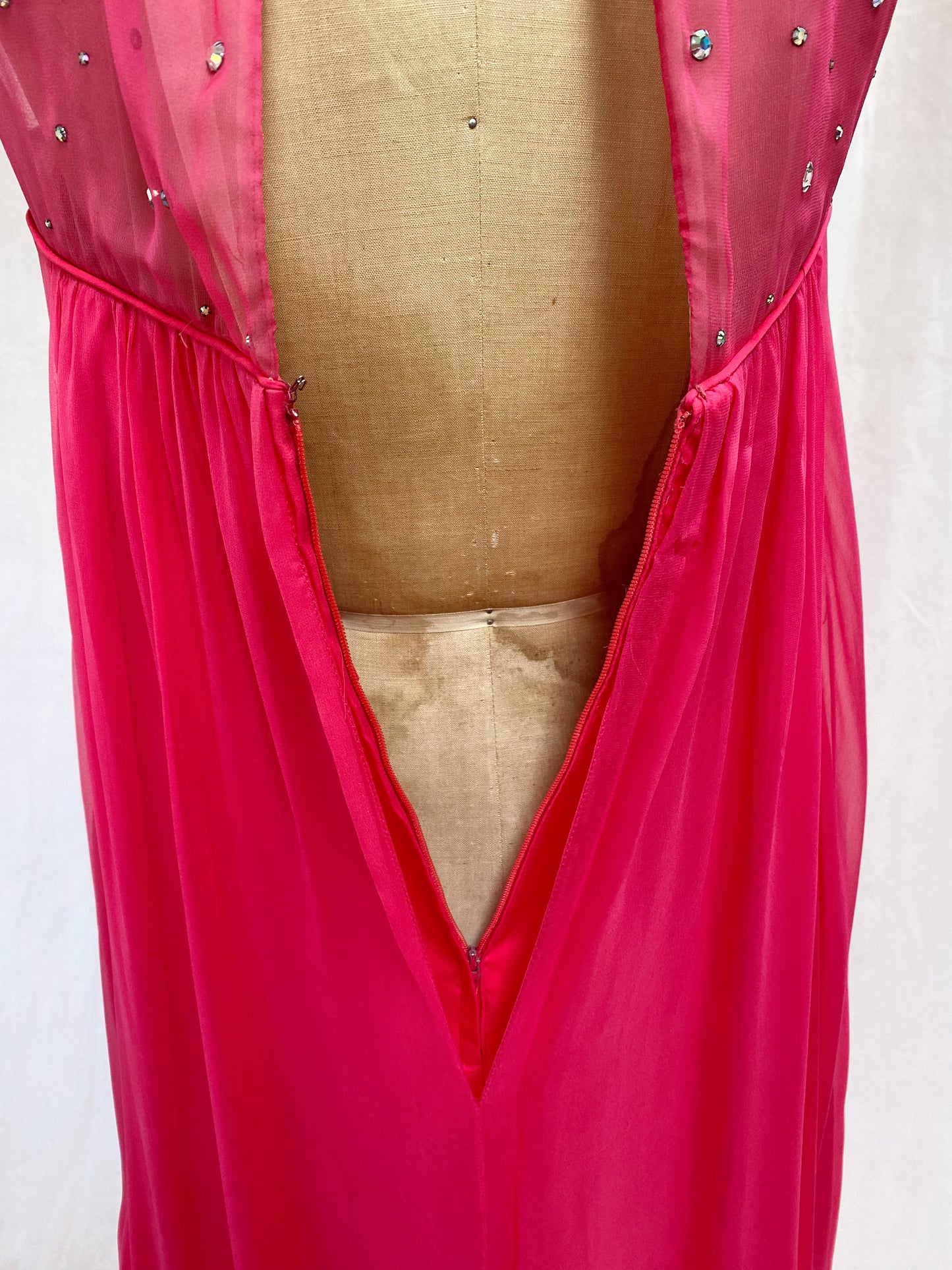Fuchsia Shocking Pink Chiffon Rhinestone 1960s Gown