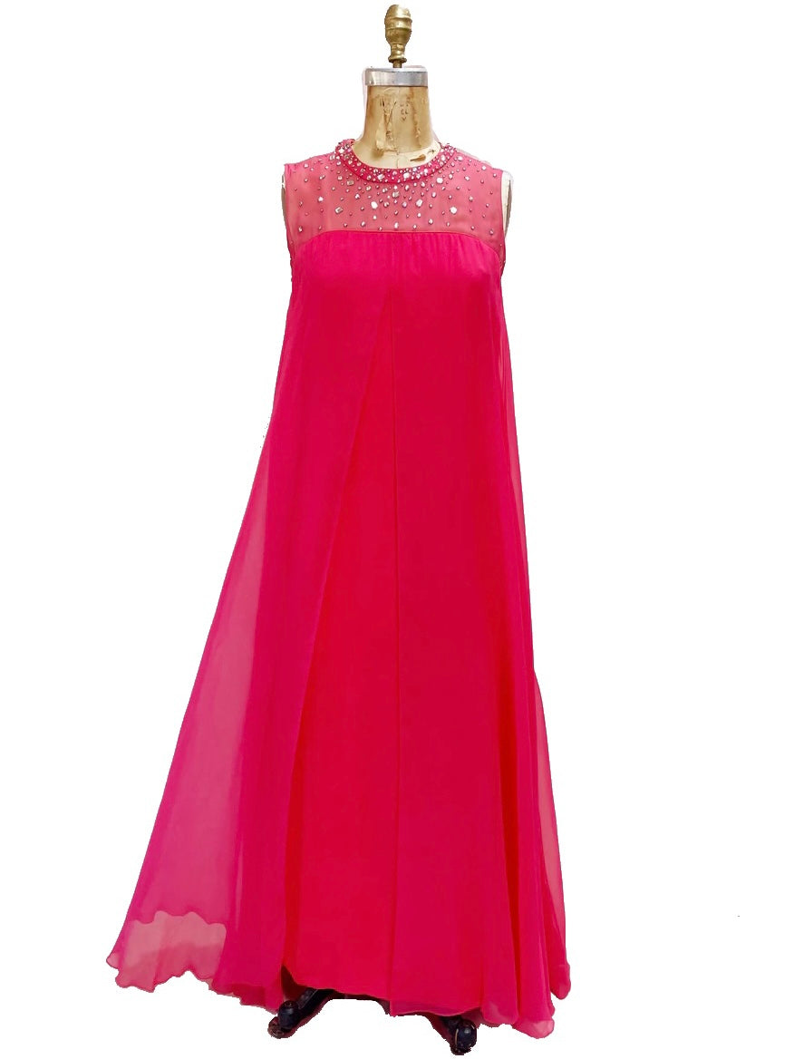 Fuchsia Shocking Pink Chiffon Rhinestone 1960s Gown Muse Fuchsia Shocking Pink Chiffon Rhinestone 1960s Gown Muse