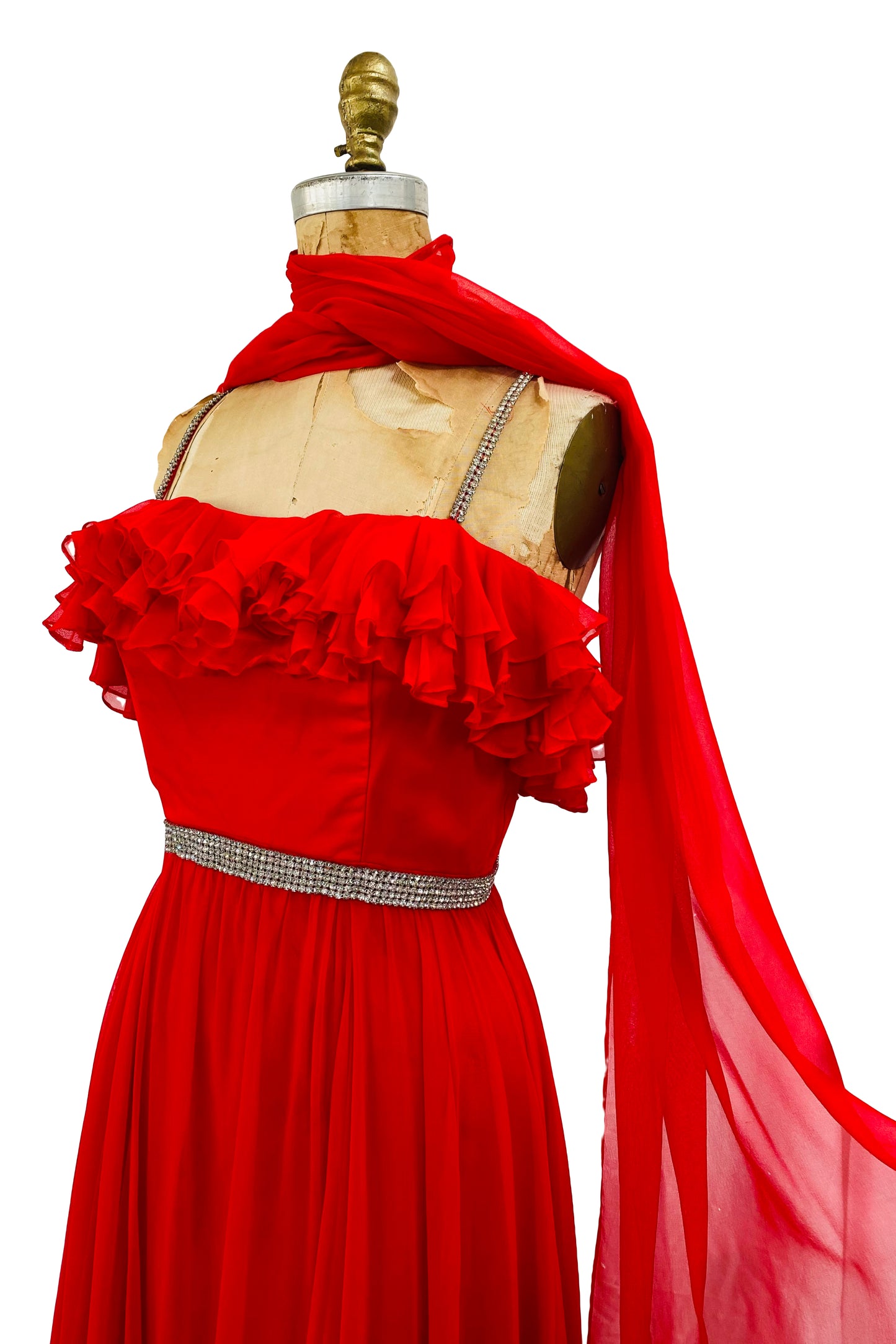 Stunning Old Hollywood 1960s Emma Domb Red Chiffon & Rhinestone Dress