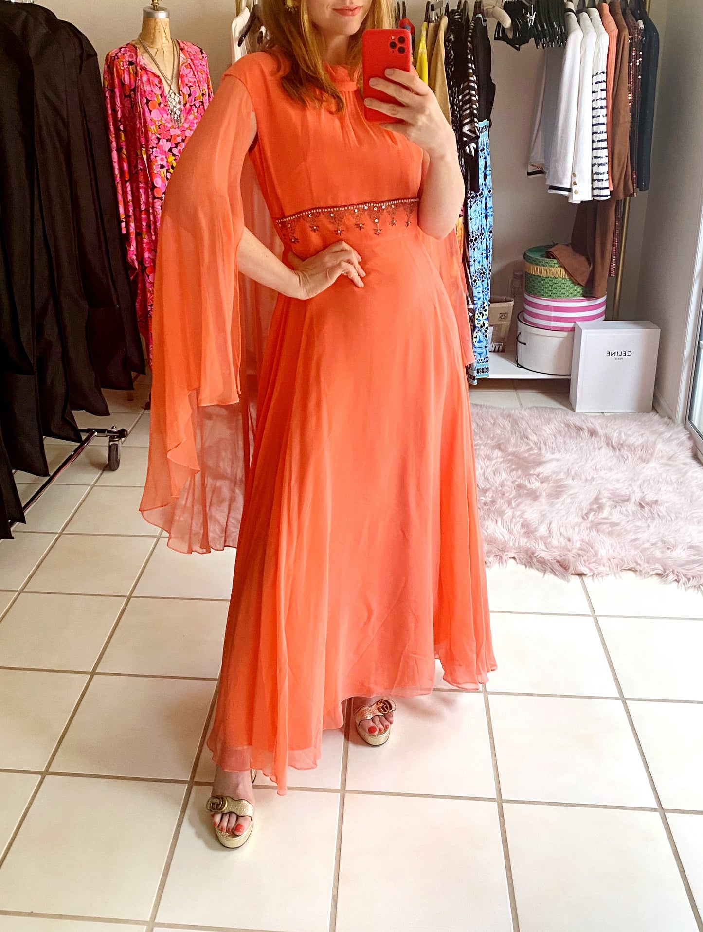 60s Peach Chiffon Cape Sleeve Gown