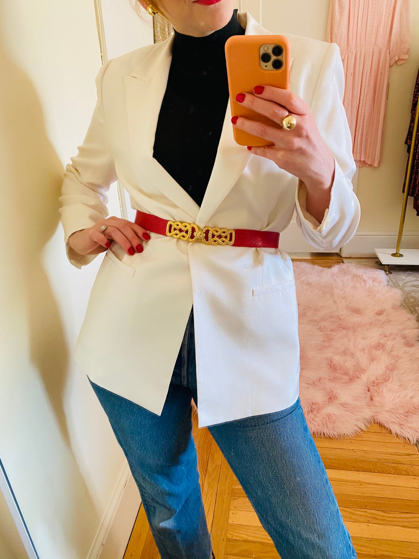 Judith Leiber Red Snakeskin Twisted Gold Rope Belt